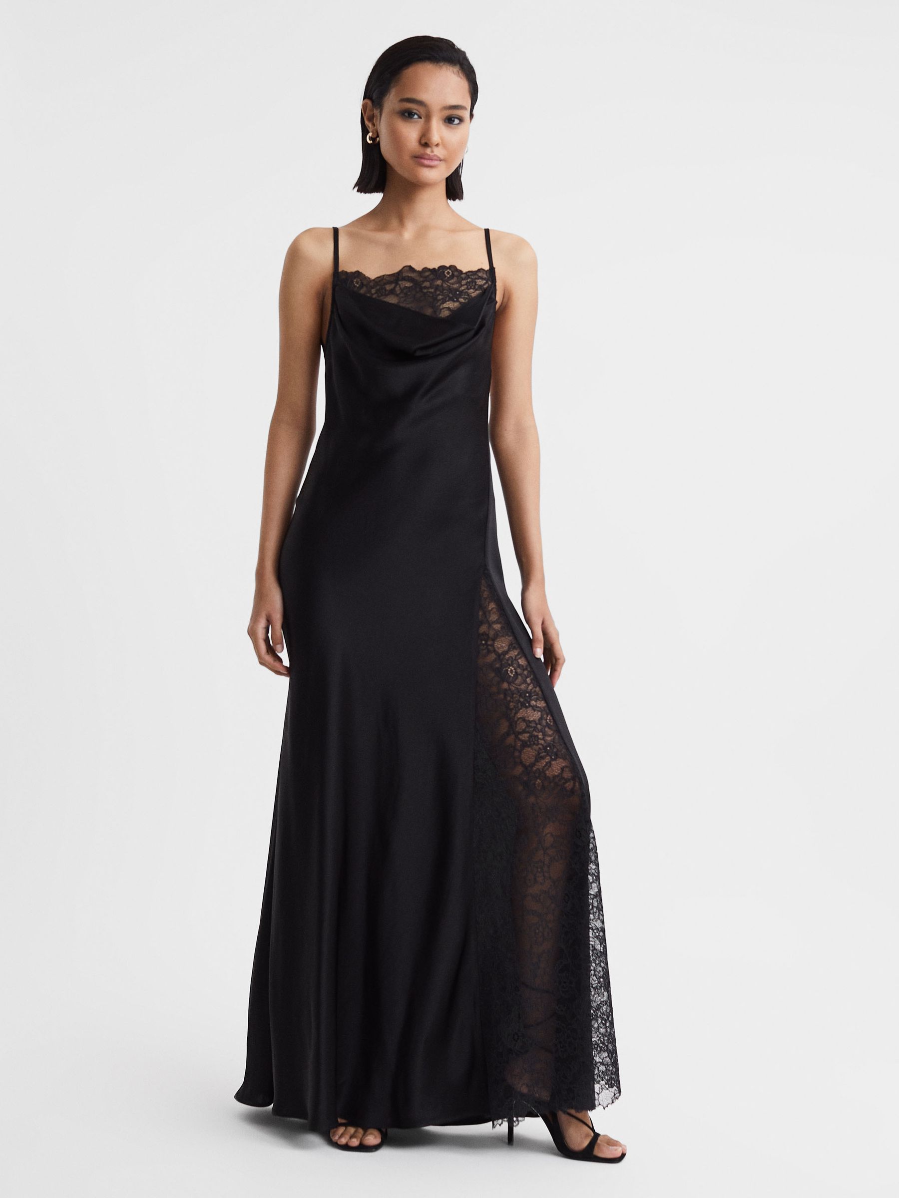 Anna Quan Satin Lace Cowl Neck Maxi Dress in Black