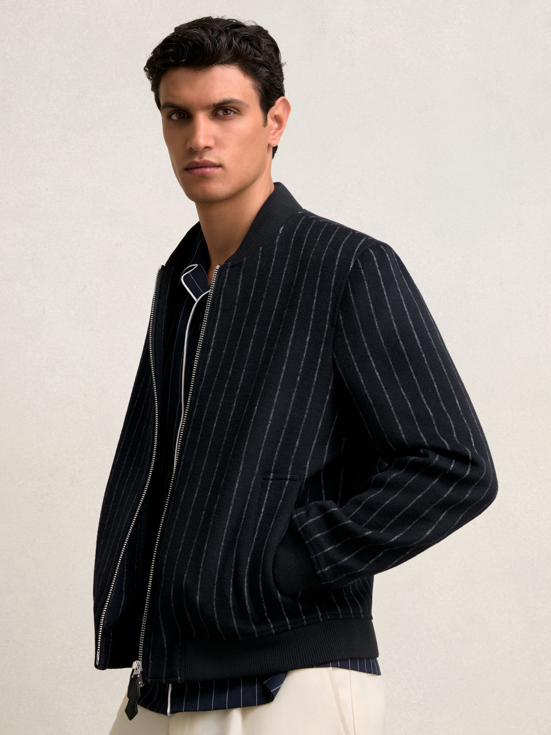 Wool-Blend Chalk-Stripe Bomber Jacket in Navy
