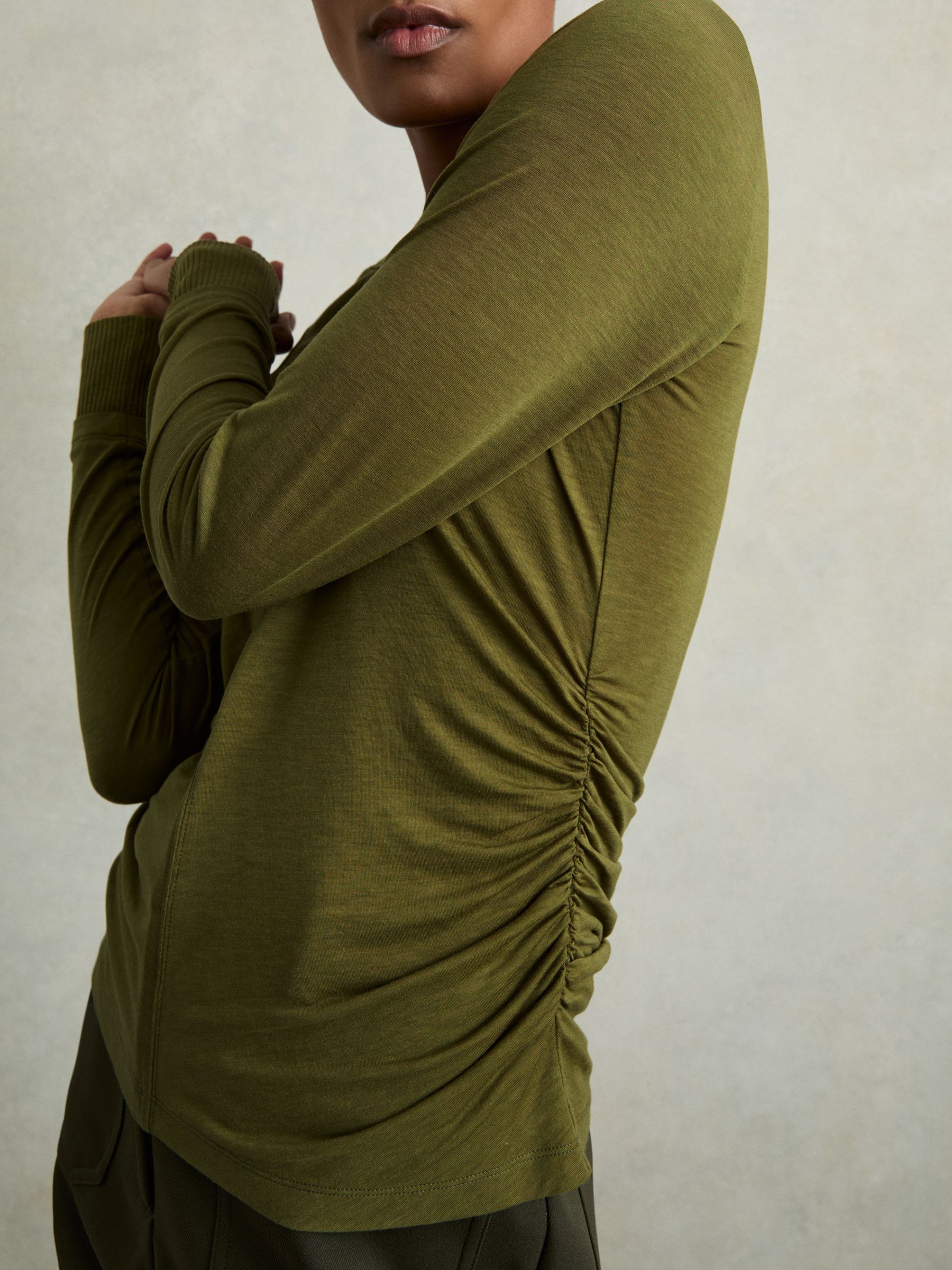 Ruched Side Crew-Neck Top in Green