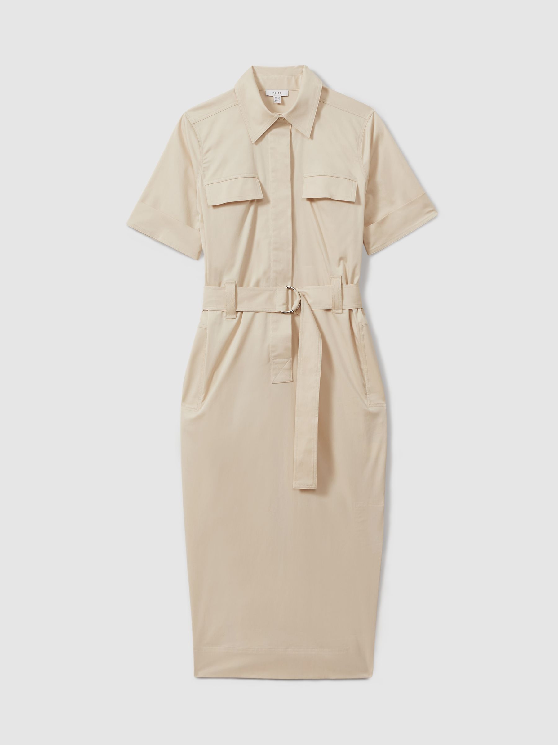Cotton Blend Utility Belted Midi Dress in Stone