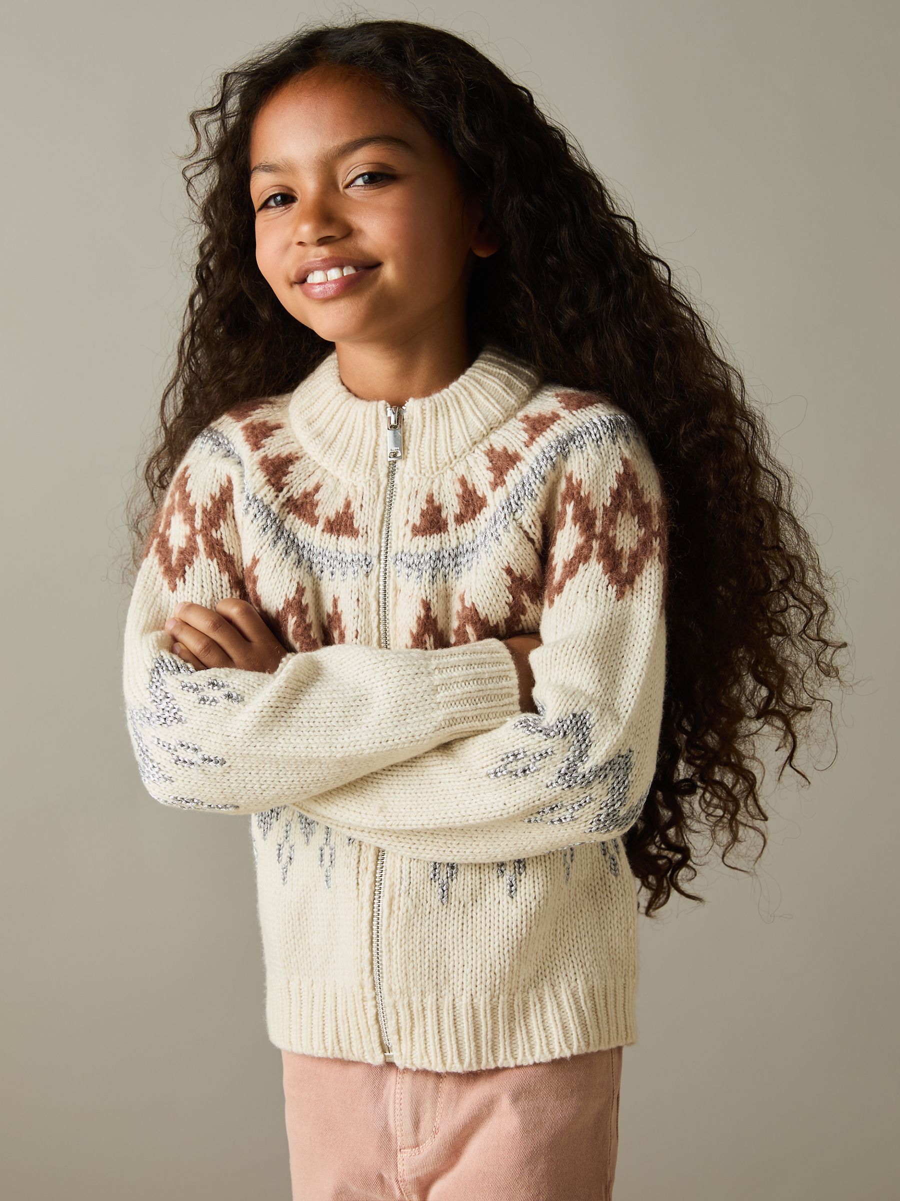 9-13 yrs Zipped Fair-Isle Cardigan with Wool and Cashmere in Cream