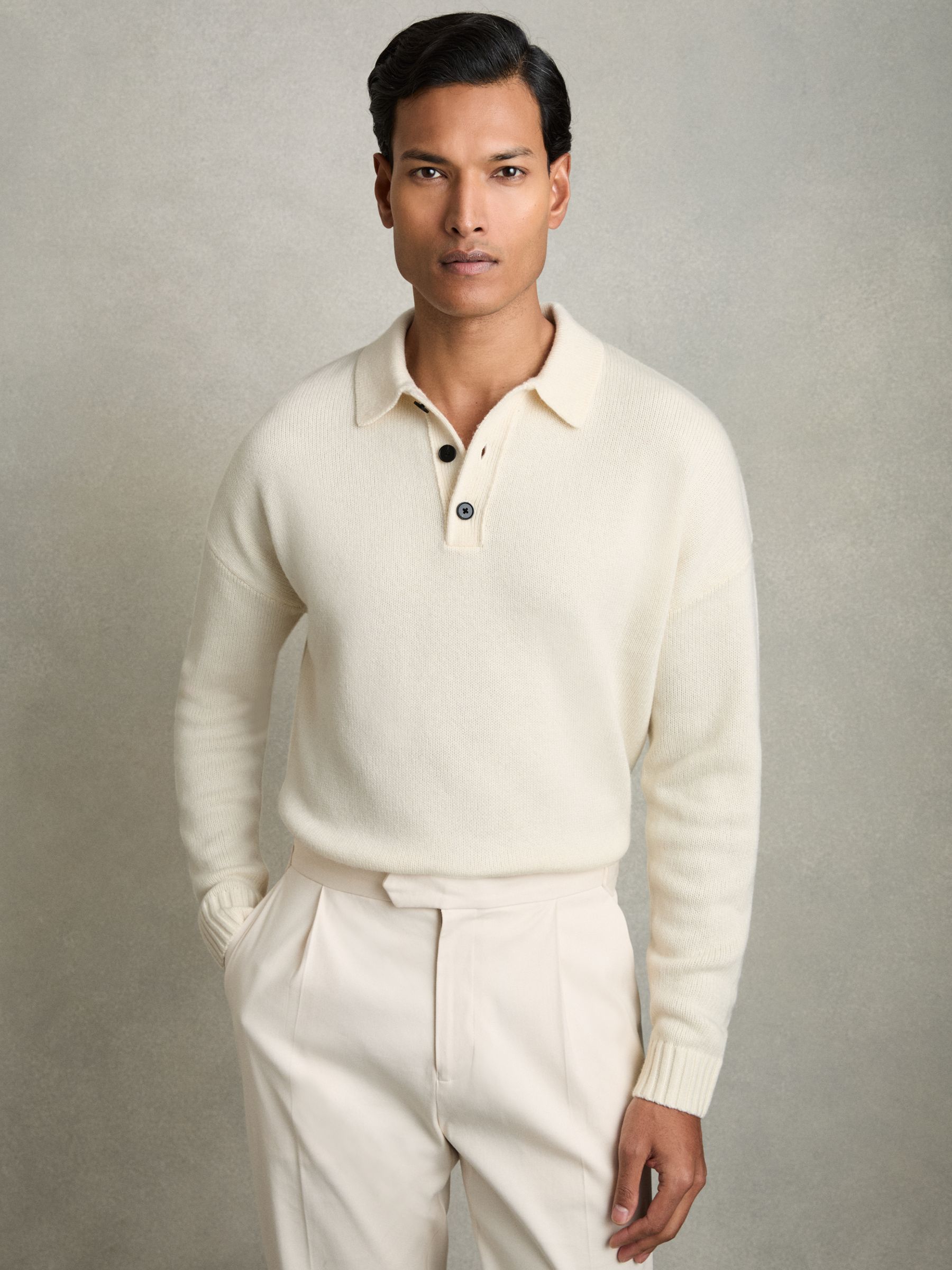 Wool Blend Long Sleeve Polo Shirt in Off White
