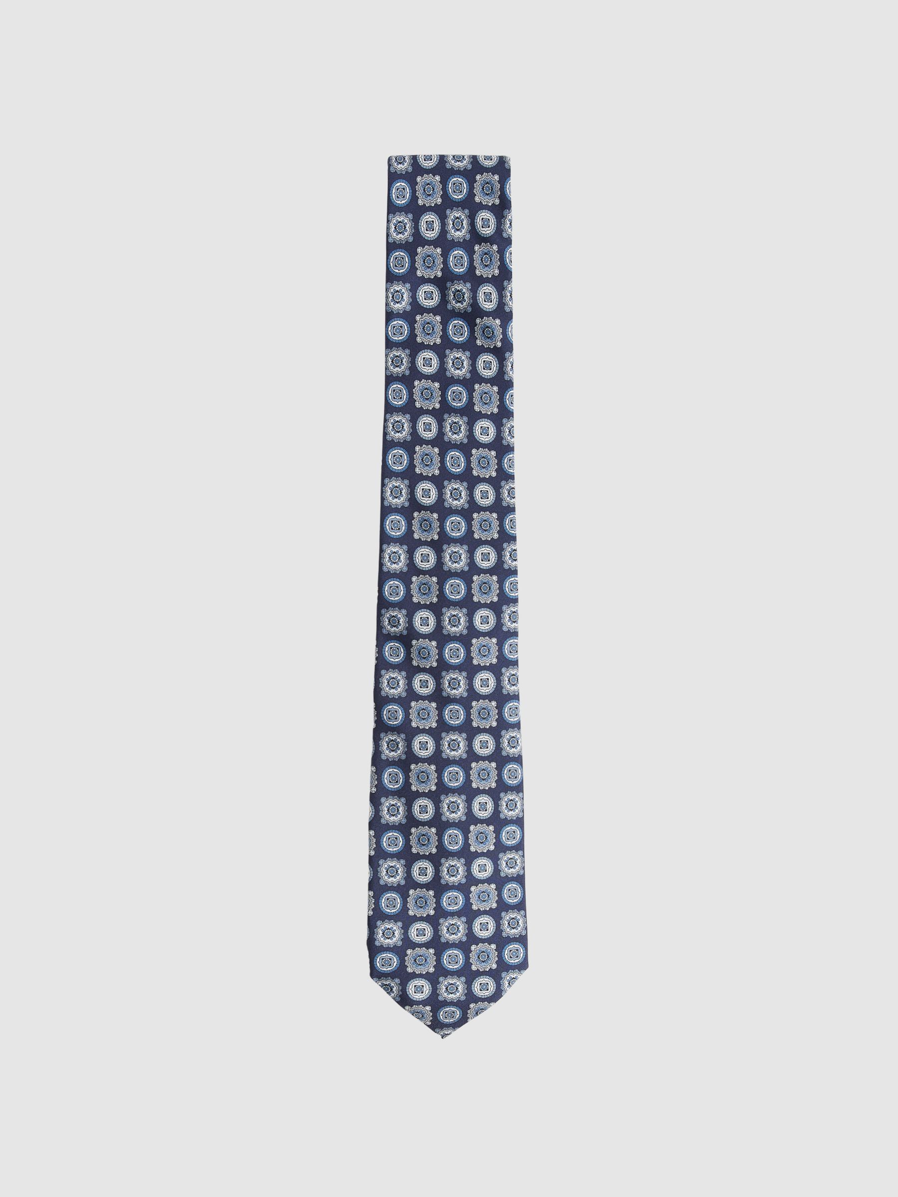 Silk Foulard Medallion Print Tie in Eclipse Blue