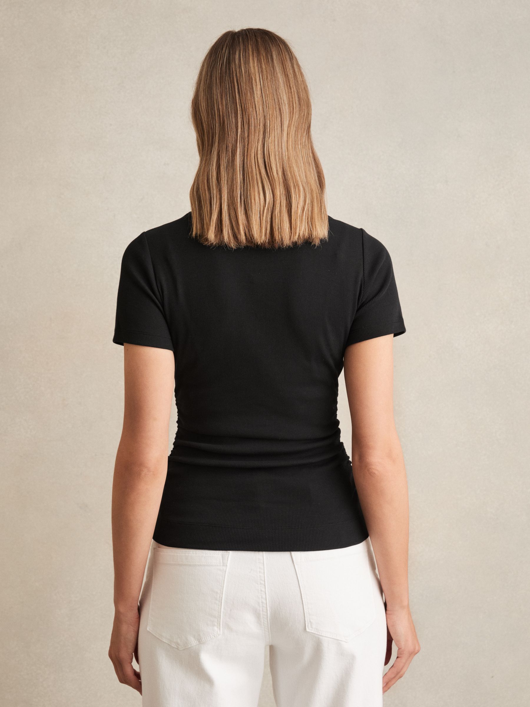 Stretch-Cotton Ruched Ribbed T-Shirt in Black