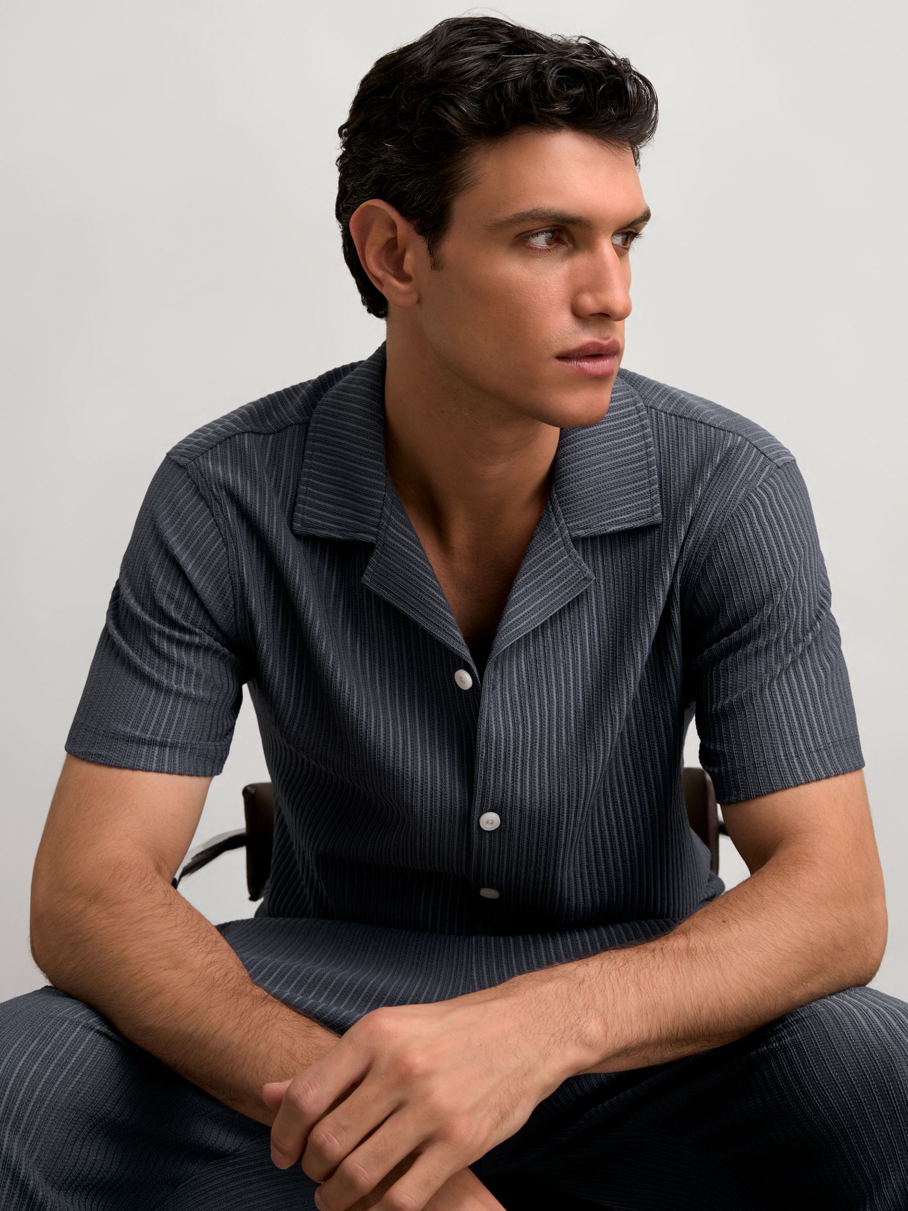Textured-Stripe Cuban-Collar Shirt in Petrol Blue
