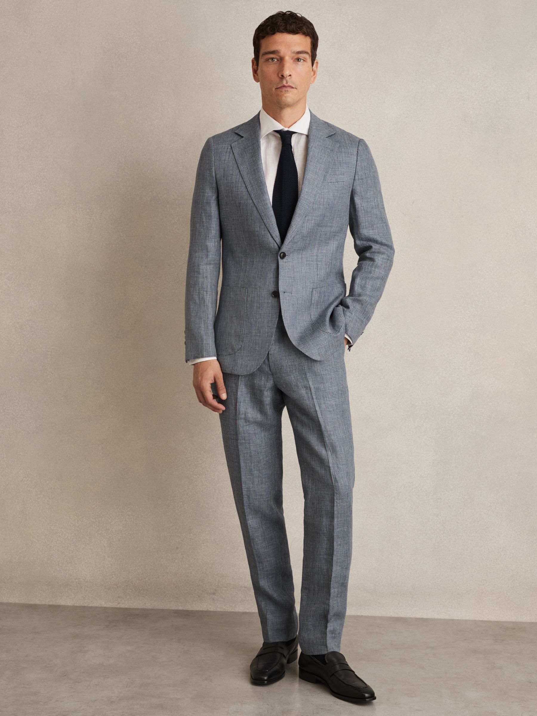 Slim Fit Single Breasted Linen Check Suit Blazer in Soft Blue