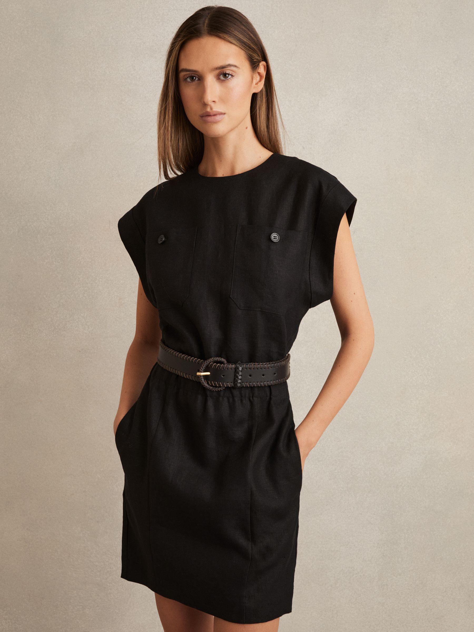 Linen Short Sleeve Mini Dress in Black