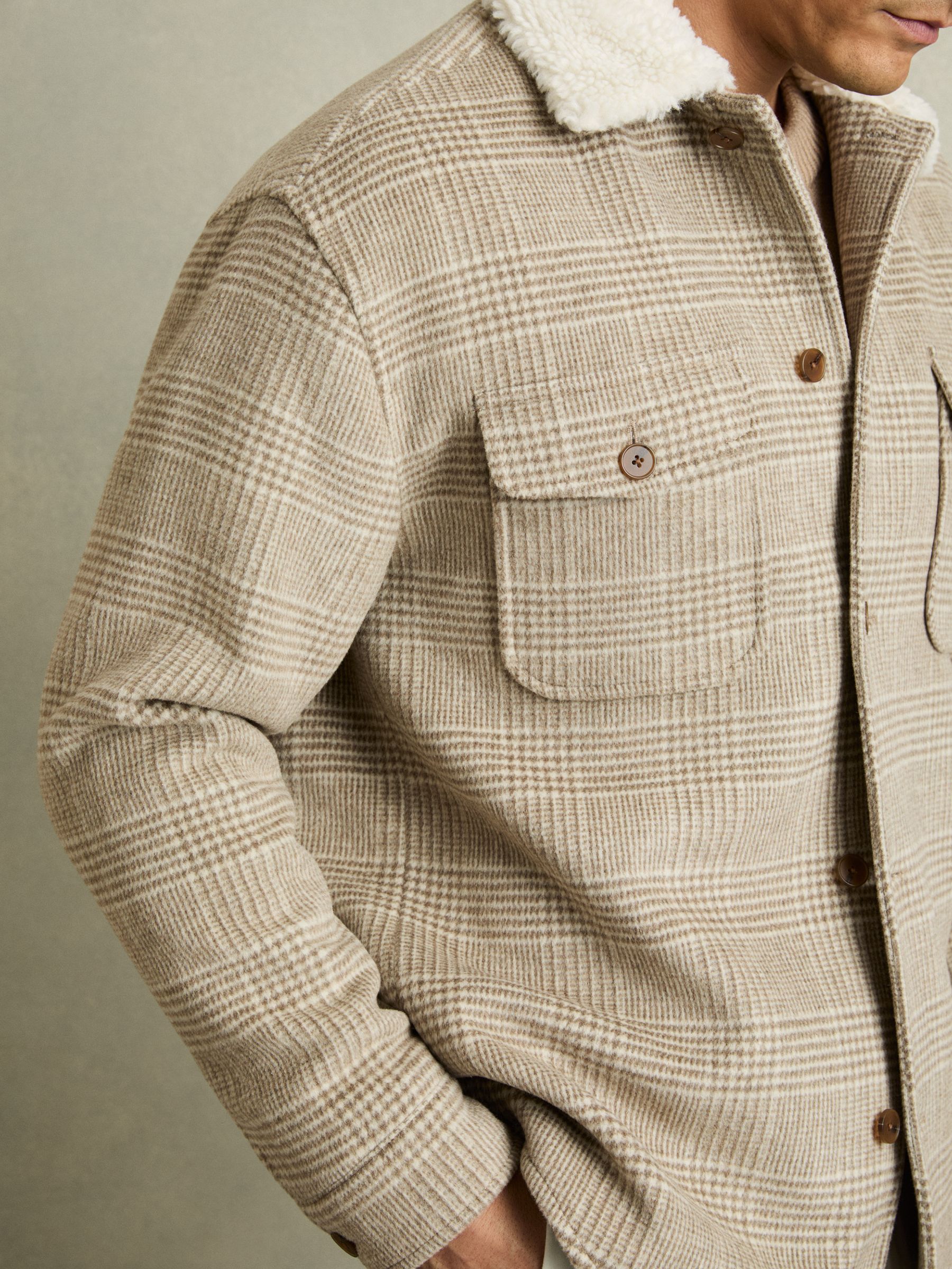 Wool-Blend Borg-Collar Check Overshirt in Oatmeal