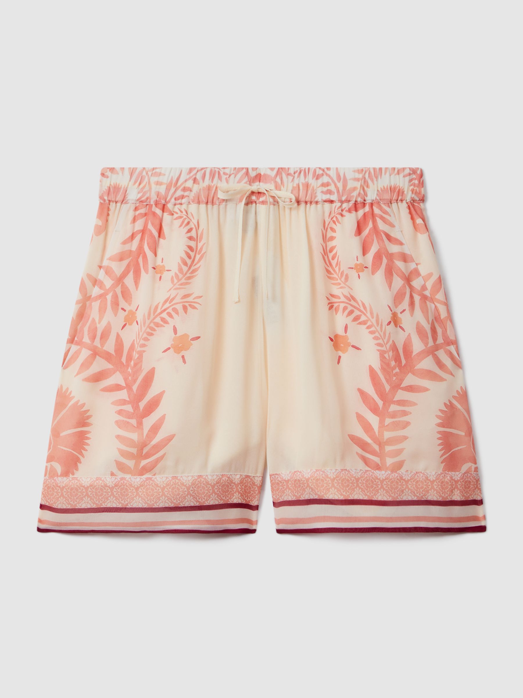 Printed Drawstring Shorts in Cream/Coral