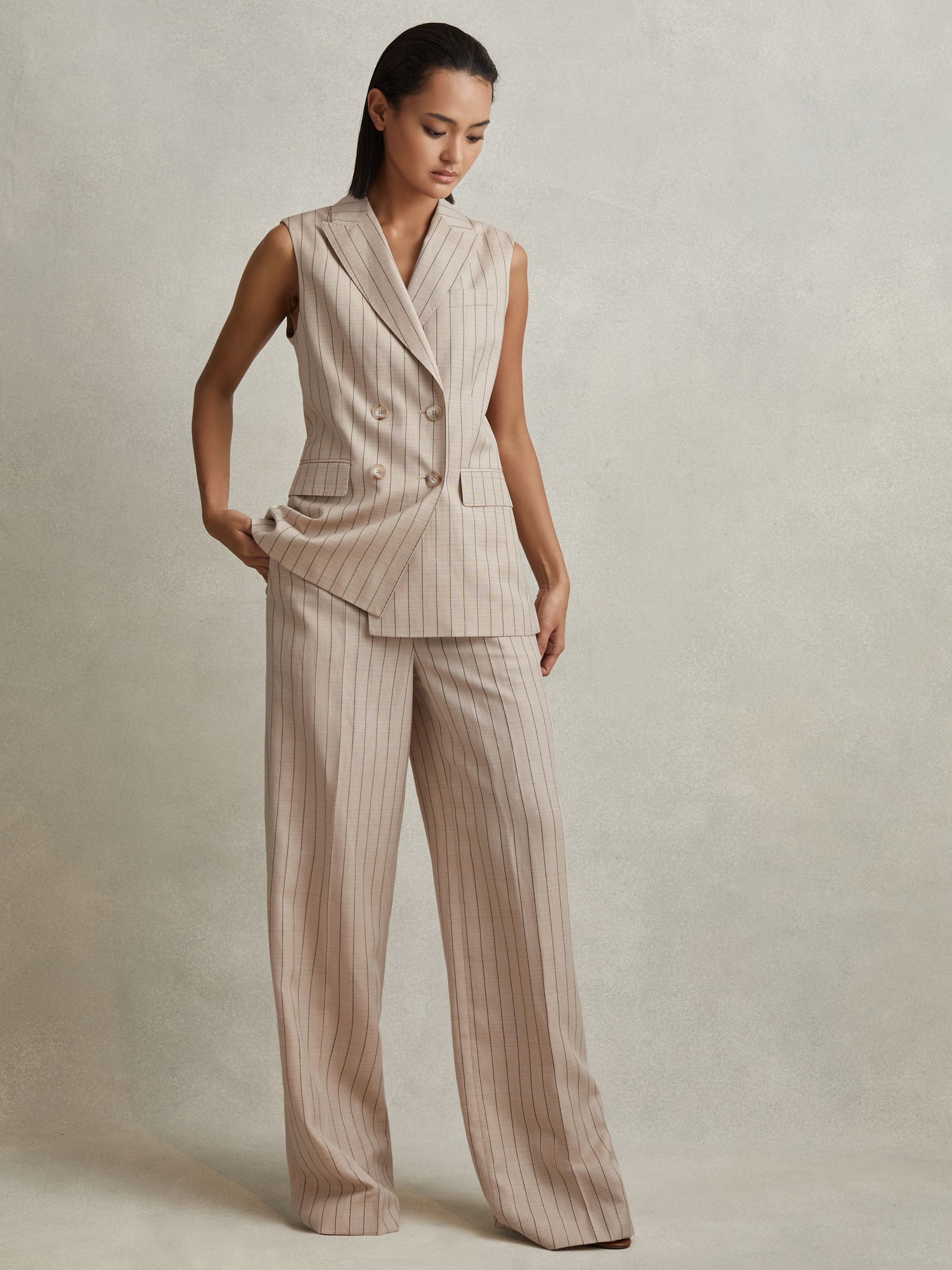 Wool Blend Striped Double Breasted Waistcoat in Neutral