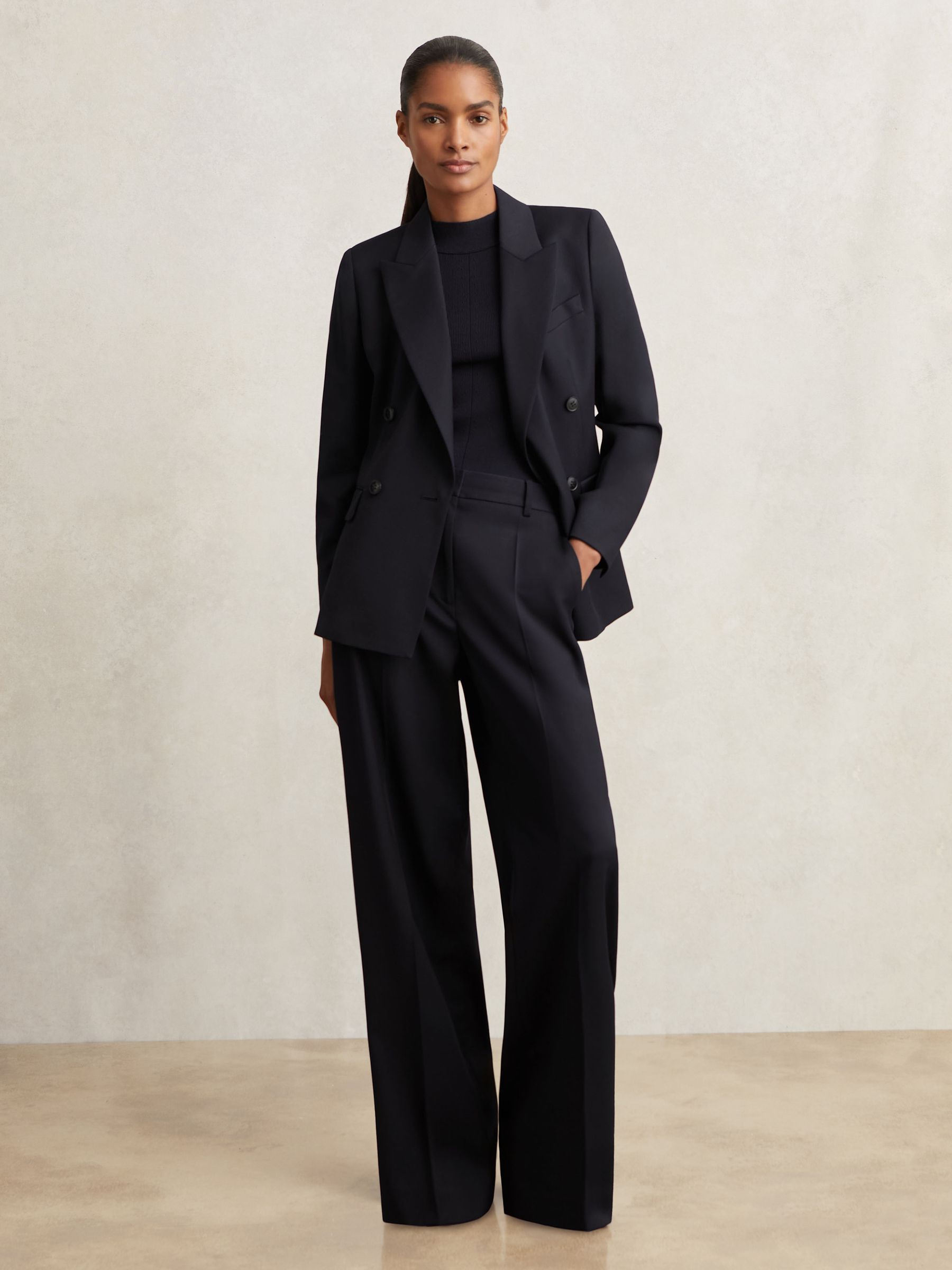 Wool Blend Double Breasted Suit Blazer in Navy