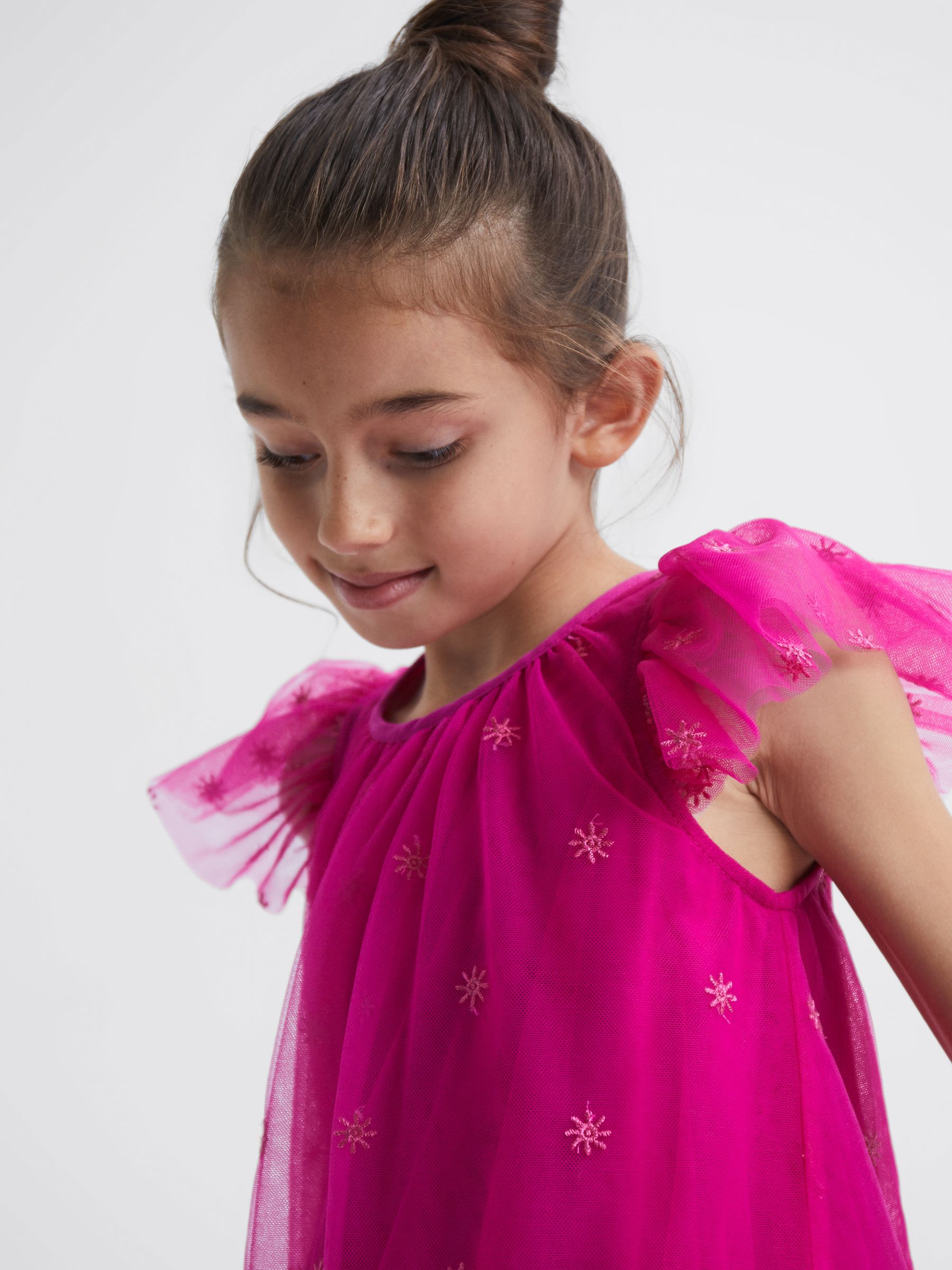 Junior Tulle Embroidered Dress in Bright Pink