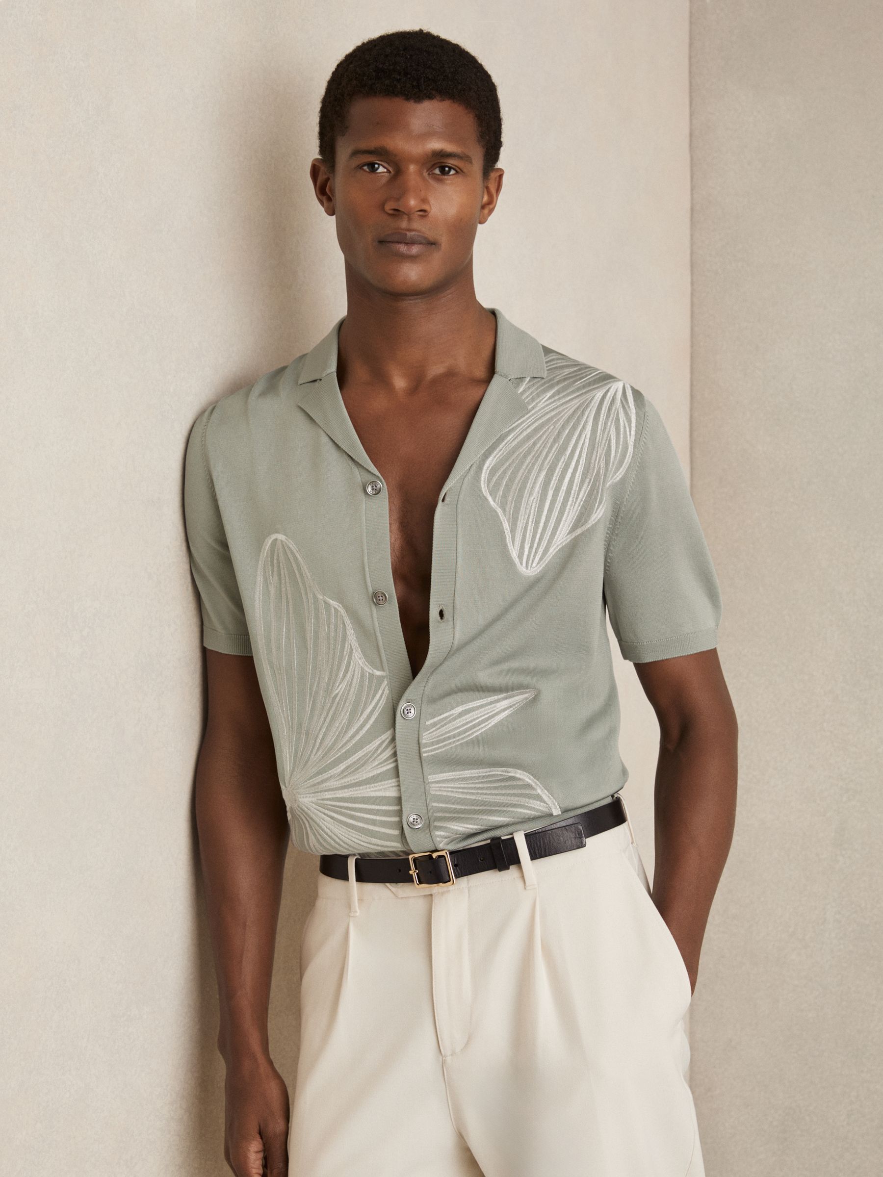 Flower Embroidered Knit Shirt in Soft Sage