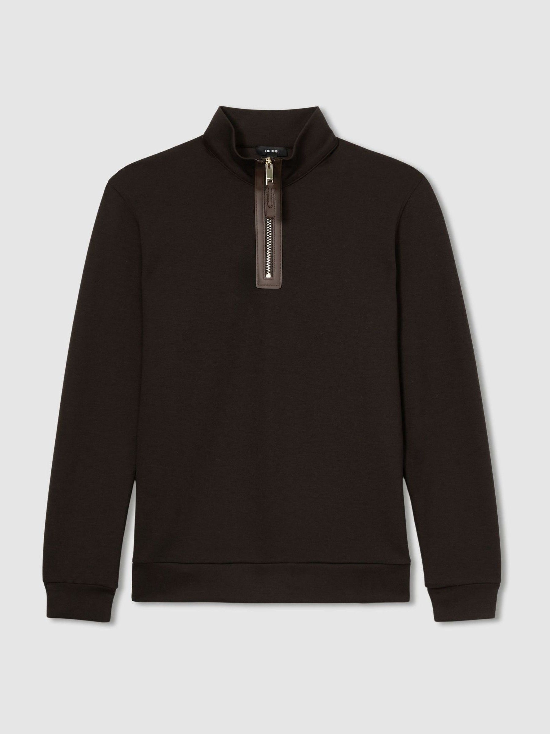 Leather-Placket Interlock-Jersey Sweatshirt in Chocolate Brown
