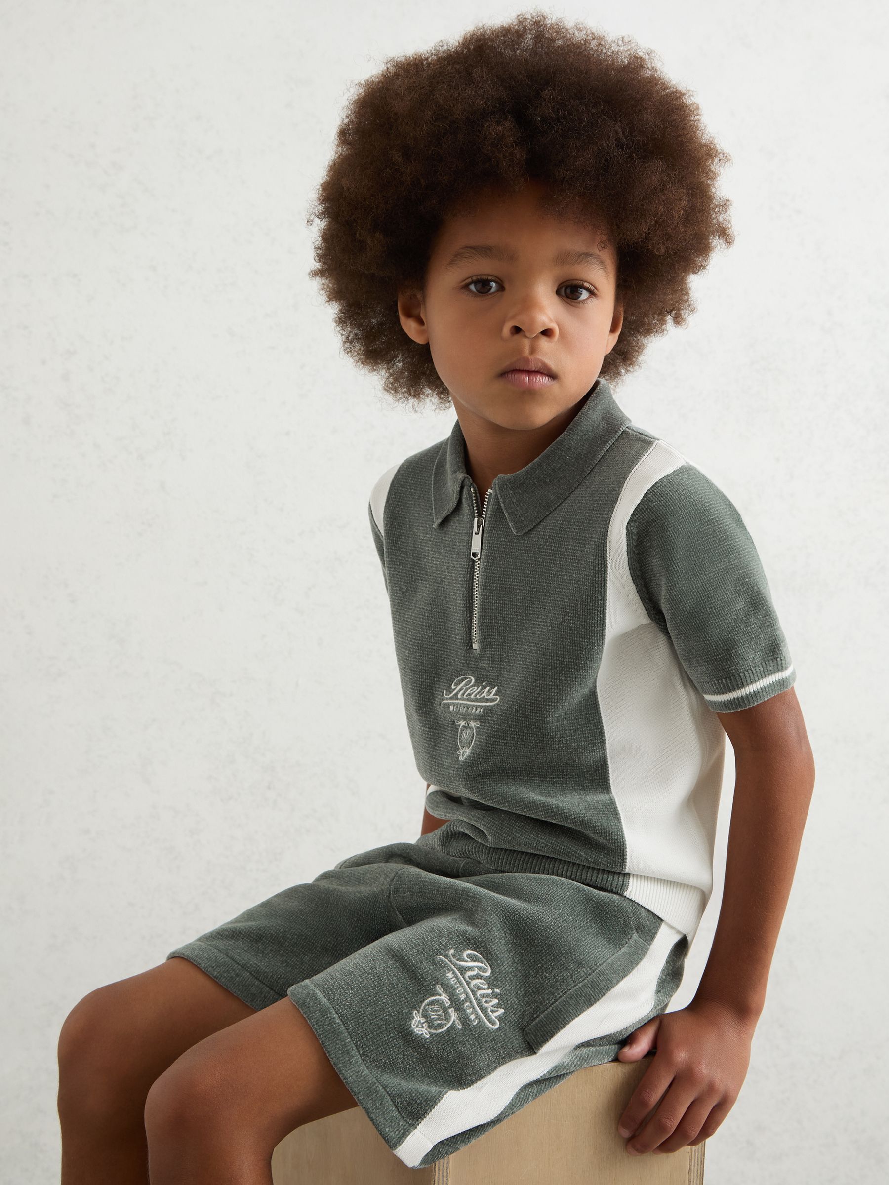 13-14 yrs Chenille Tipped Motor Cars Shorts in Dark Sage Green/White