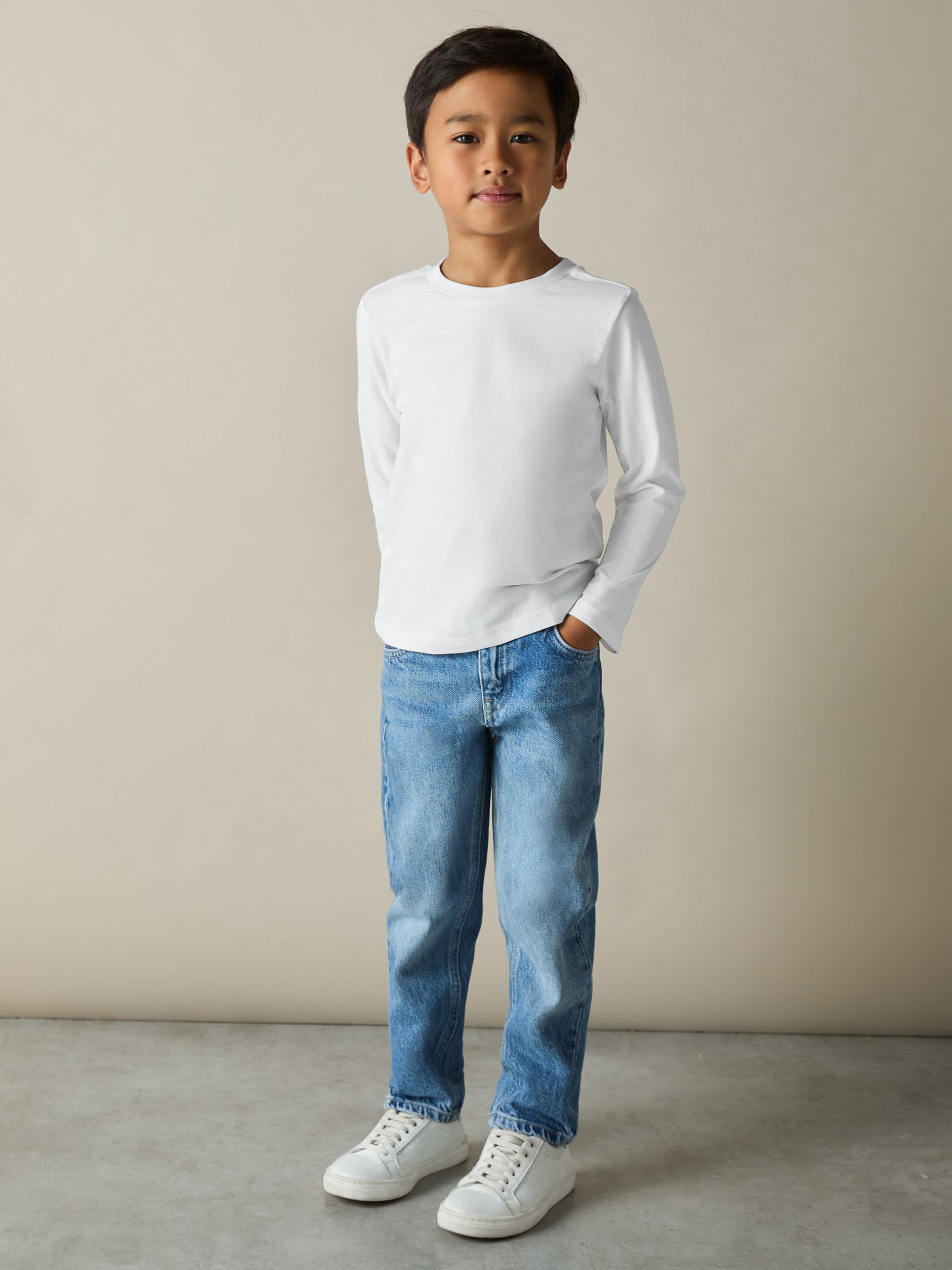 9-13 yrs Cotton Jersey Long Sleeve T-Shirts 3 Pack in White/Soft Grey/Navy