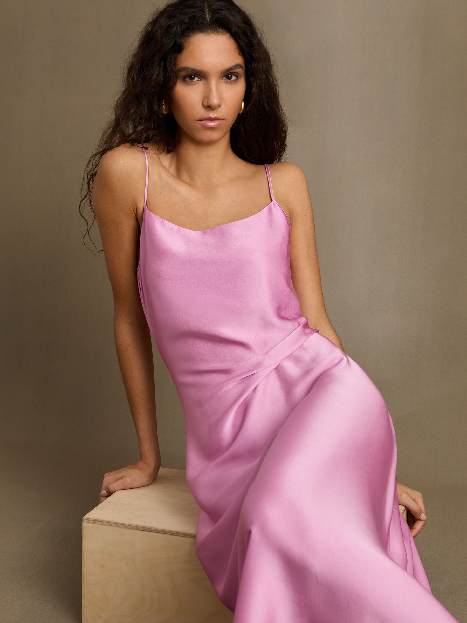 Satin Drape-Detail Slip Dress in Pink