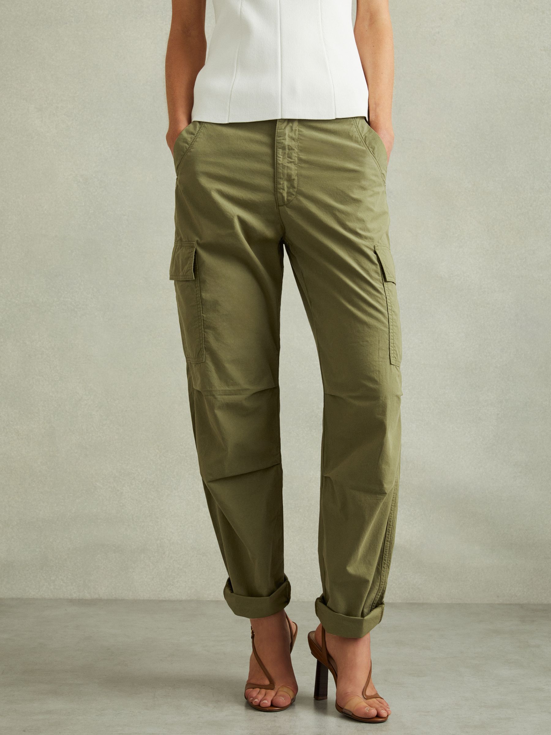 Tapered Drawstring Cotton Combat Trousers in Khaki