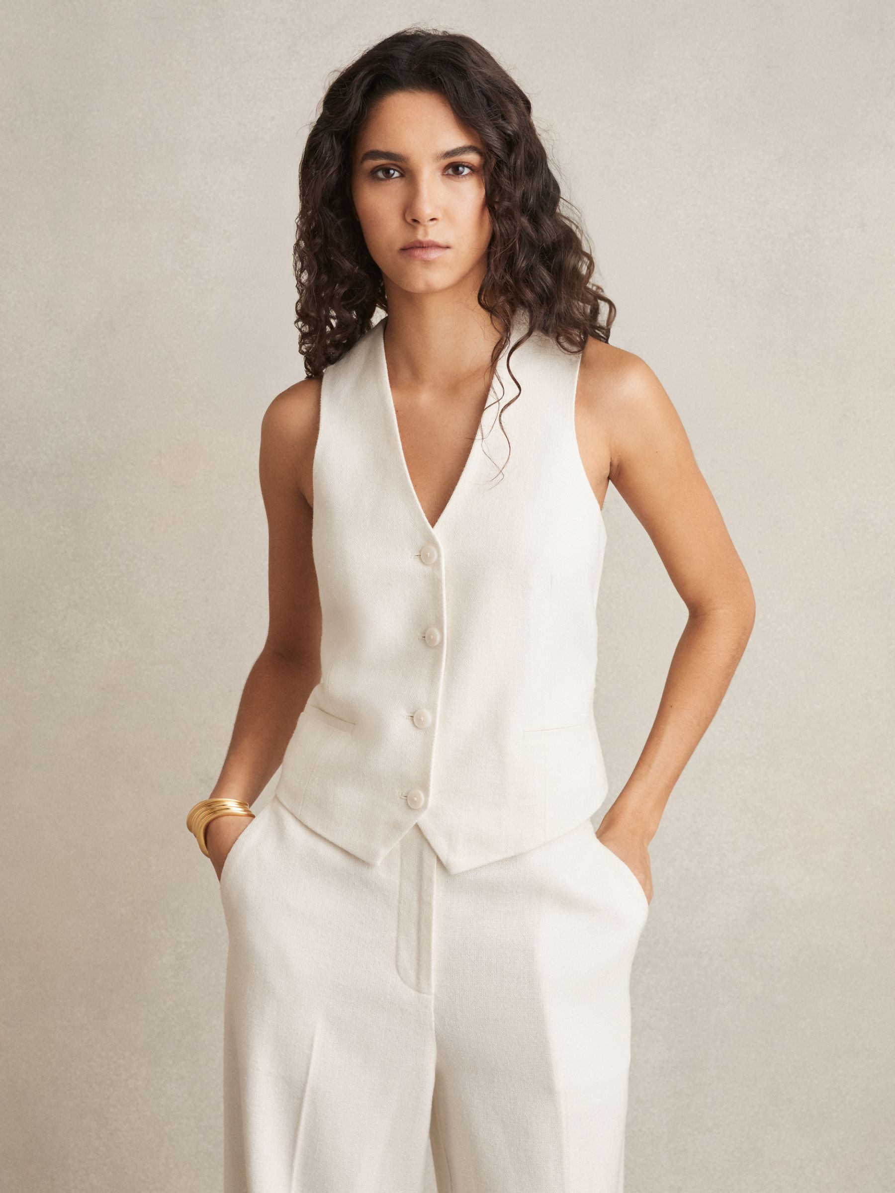Linen-Blend Button-Through Waistcoat in White