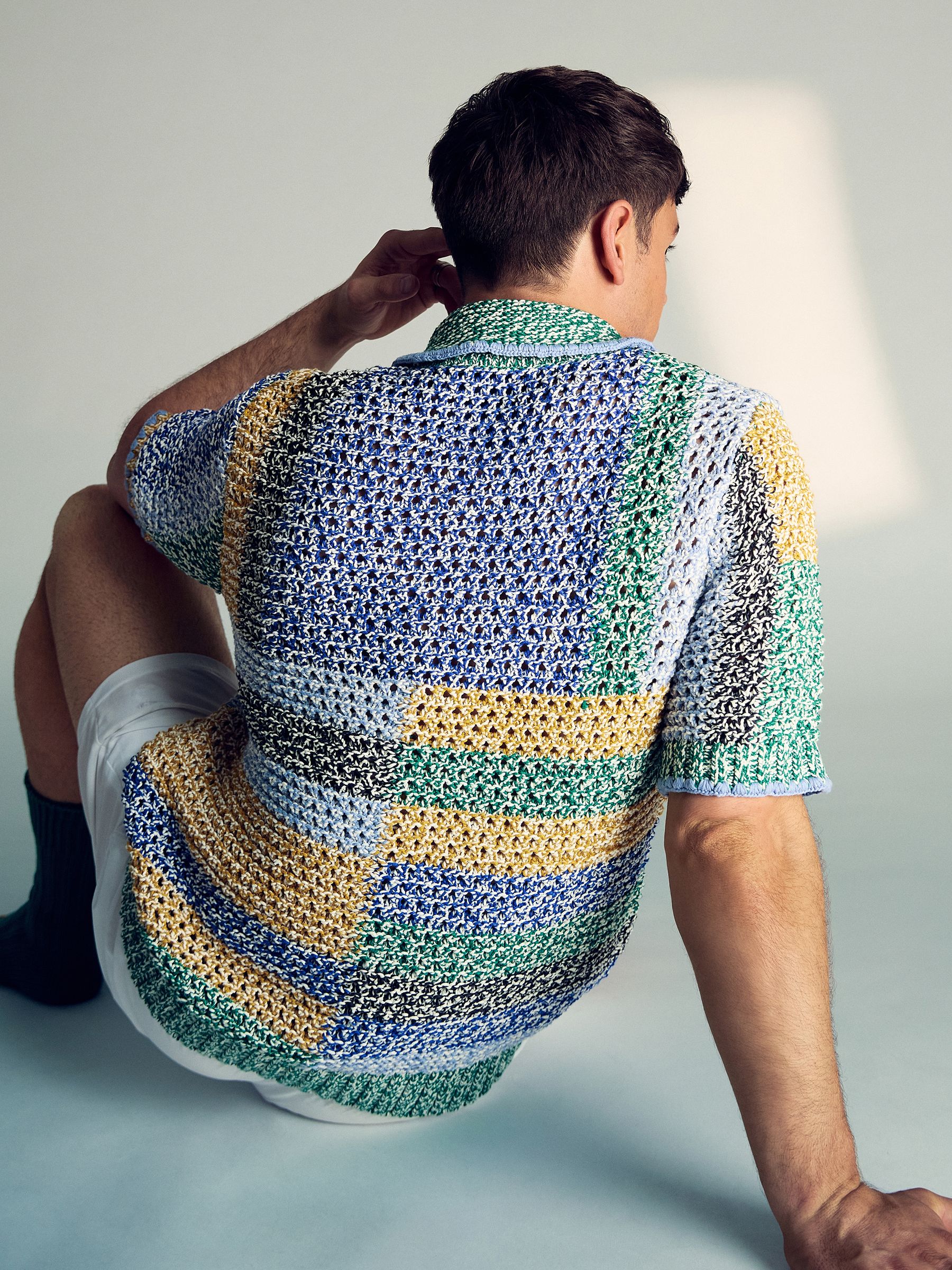 Reiss | Tom Daley Crochet Polo Shirt in Yellow/Green/Blue Multi