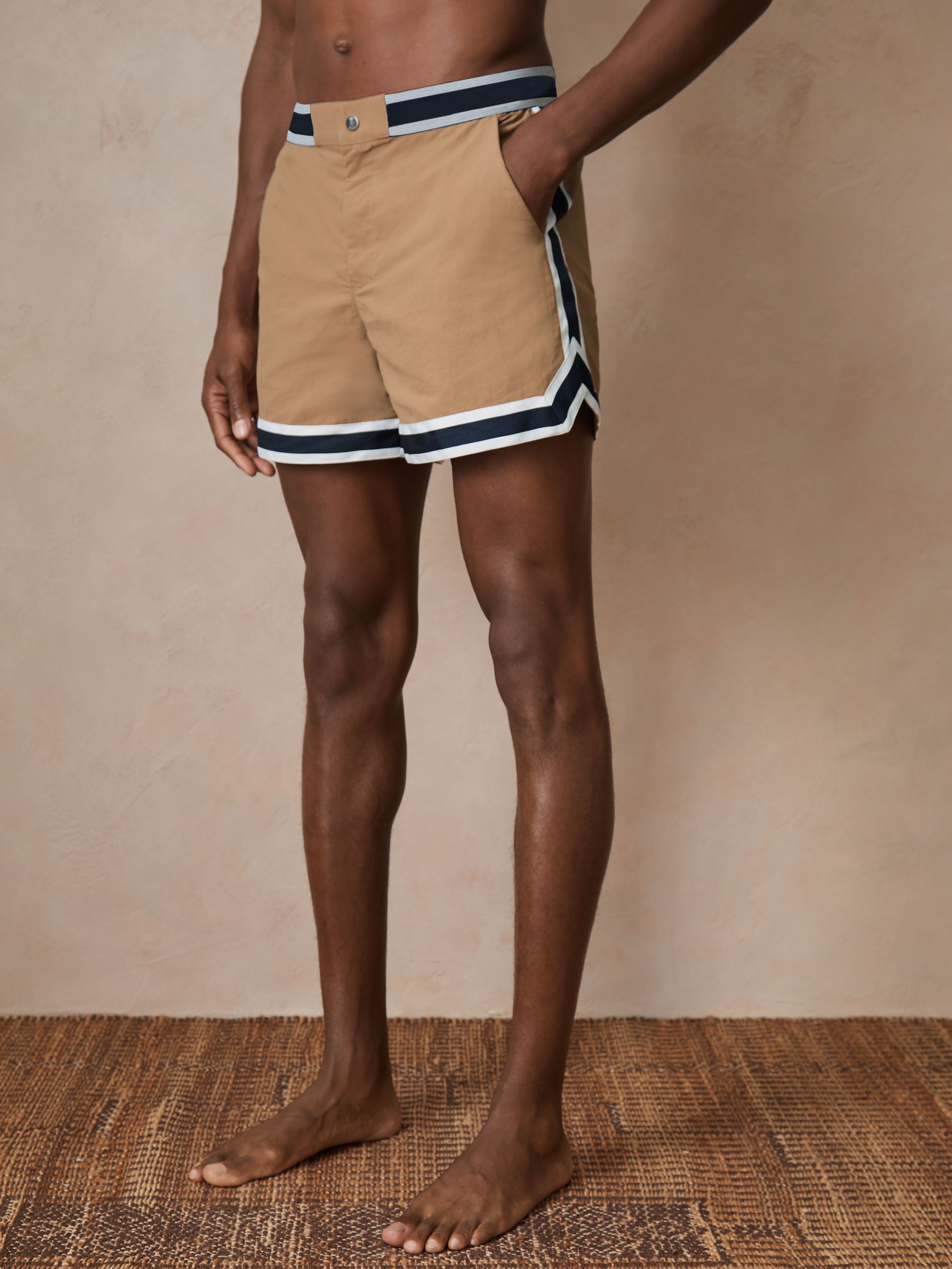 Reiss | Ché Stripe-Trim Swim Shorts in Camel