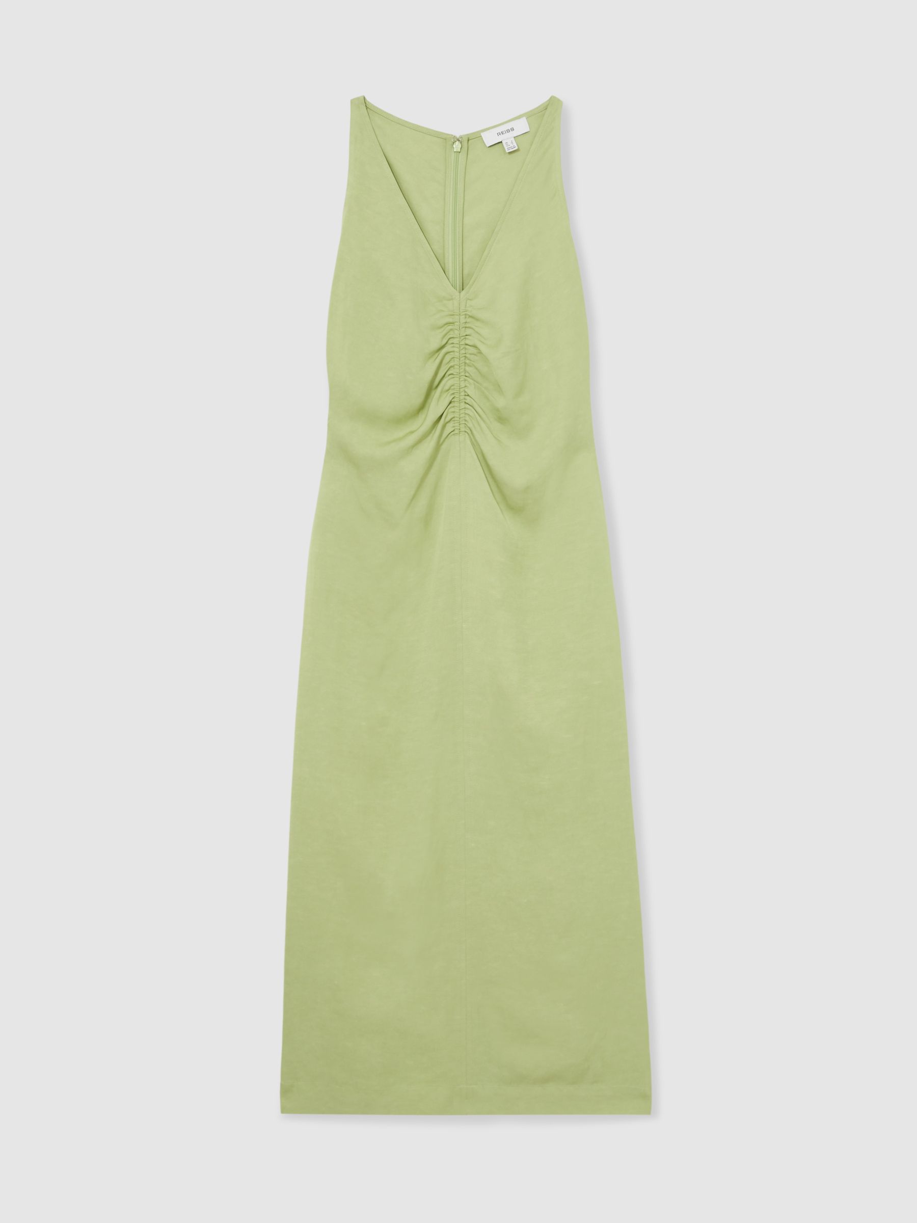 Petite Ruched Sleeveless Midi Dress With Linen in Green