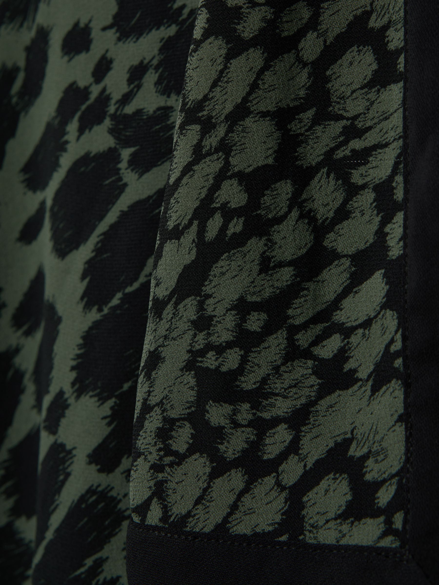 Printed Tie Neck Mini Dress in Black/Dark Khaki