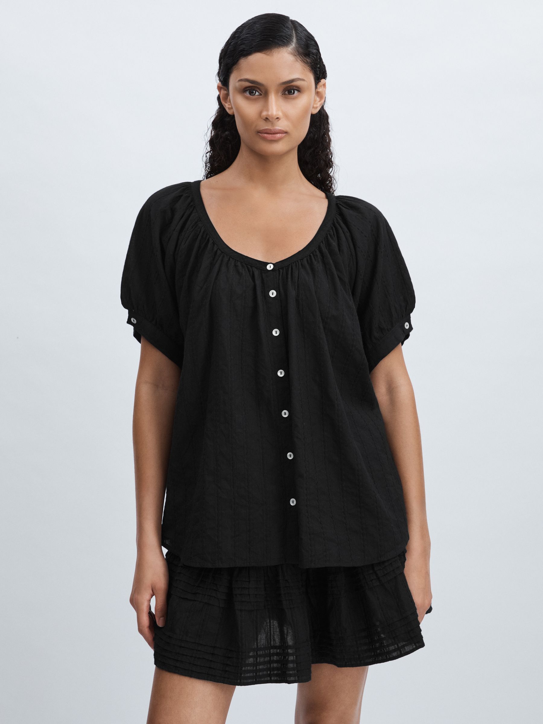Mille Puff-Sleeve Button-Through Top in Black