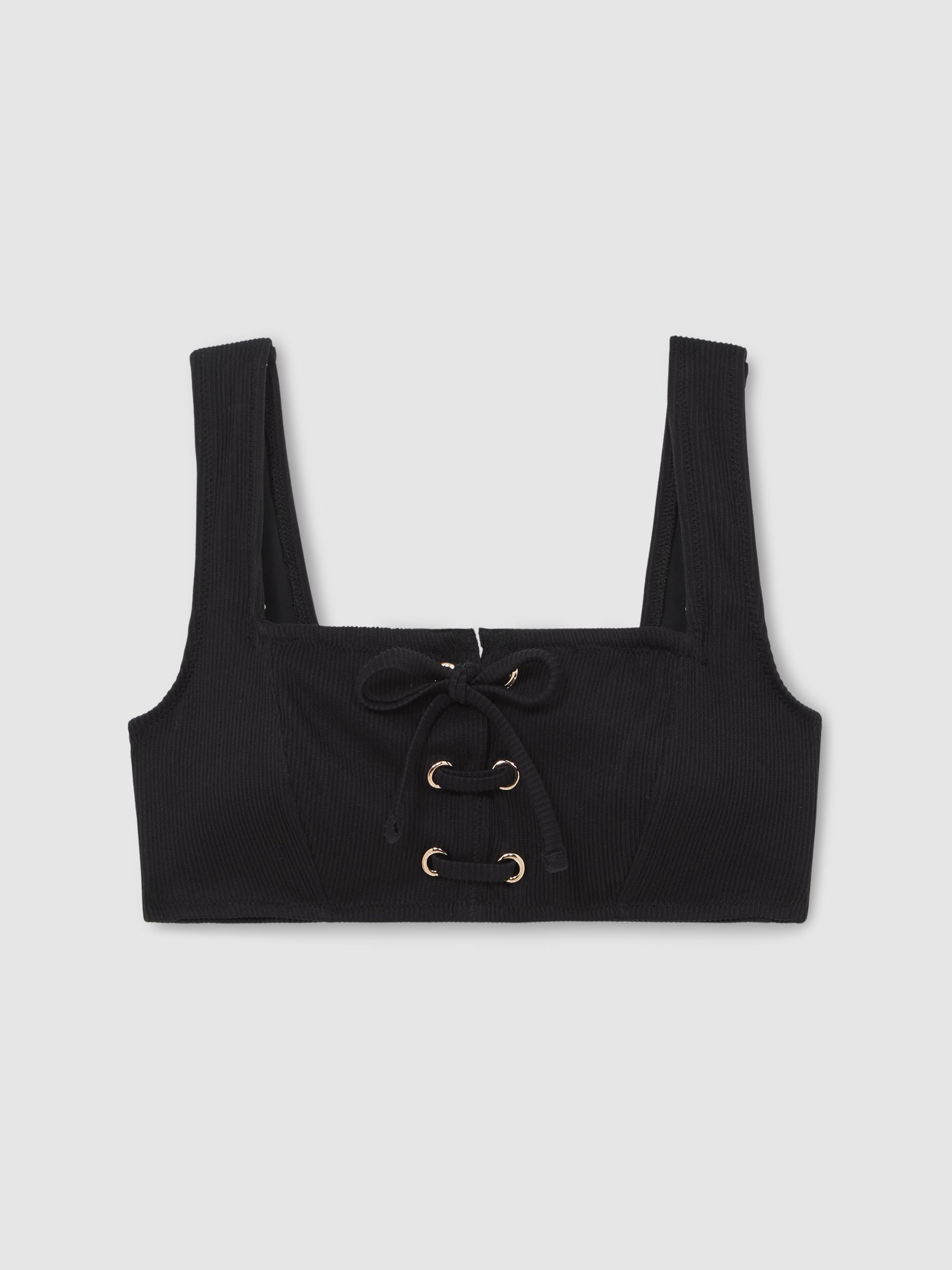 Ribbed Lace-Up Bikini Top in Black