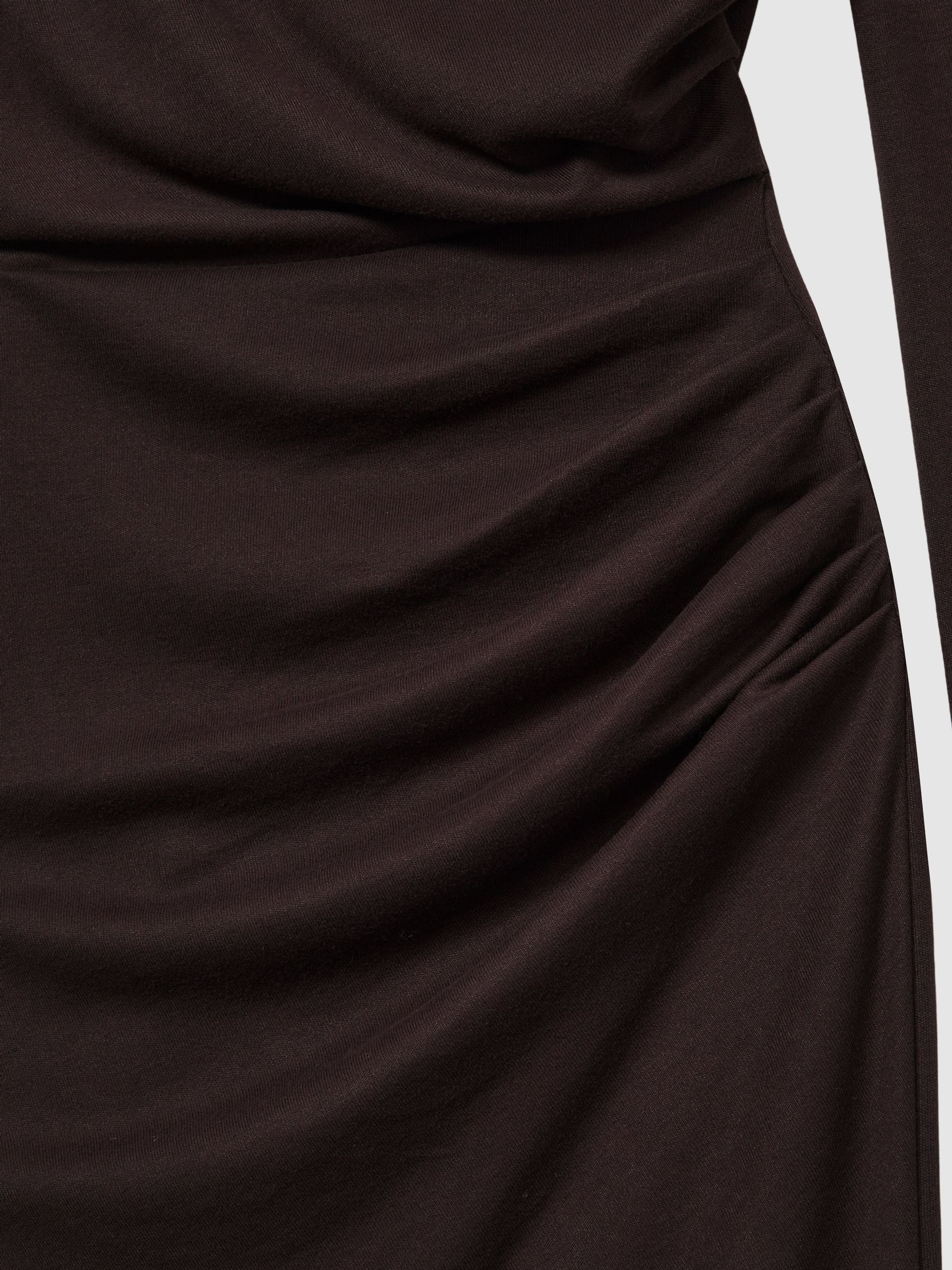 Off-The-Shoulder Ruched Jersey Midi Dress in Brown