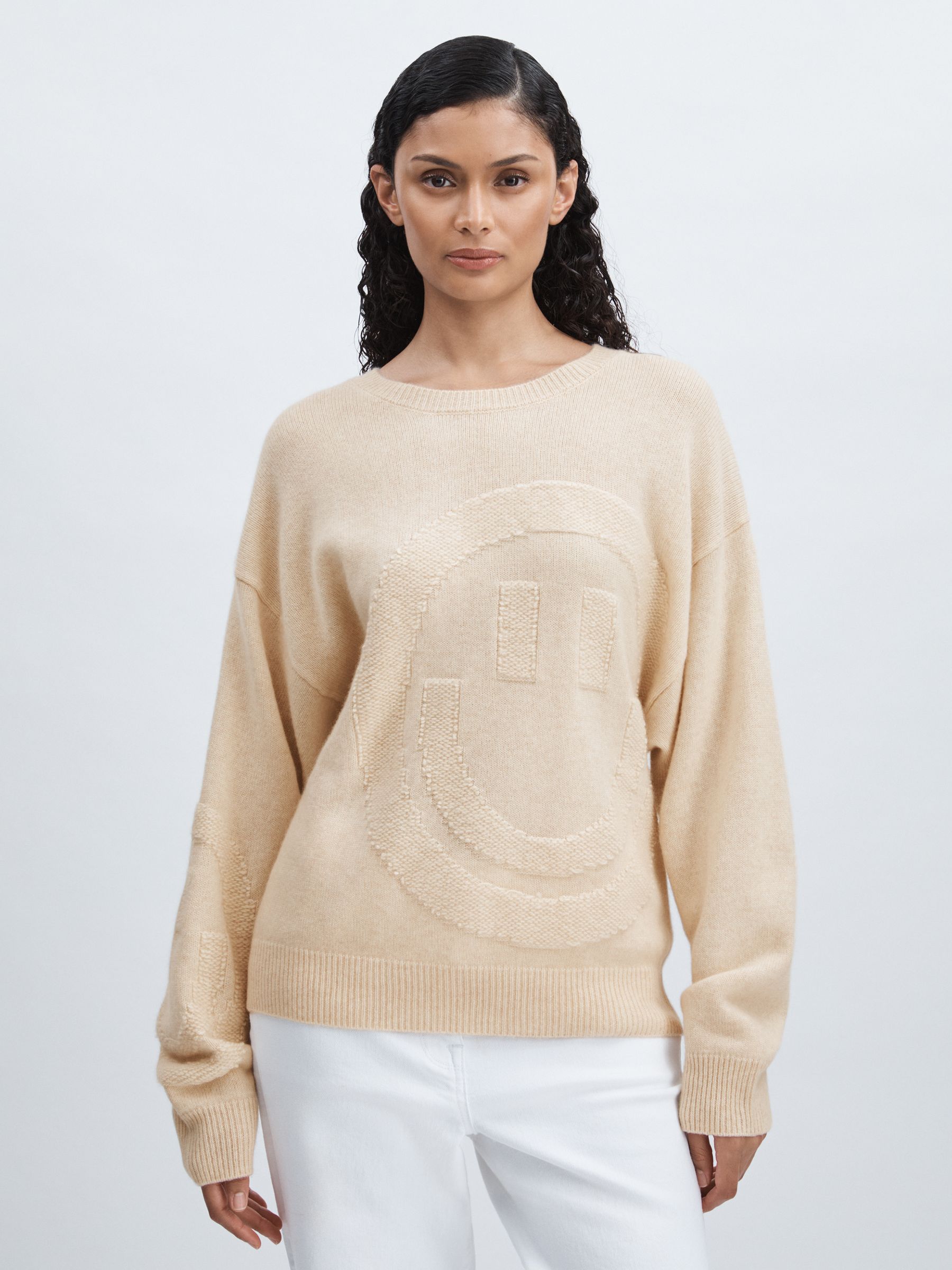 Crush Collection 100% Cashmere Smiley-Face Jumper in Cream