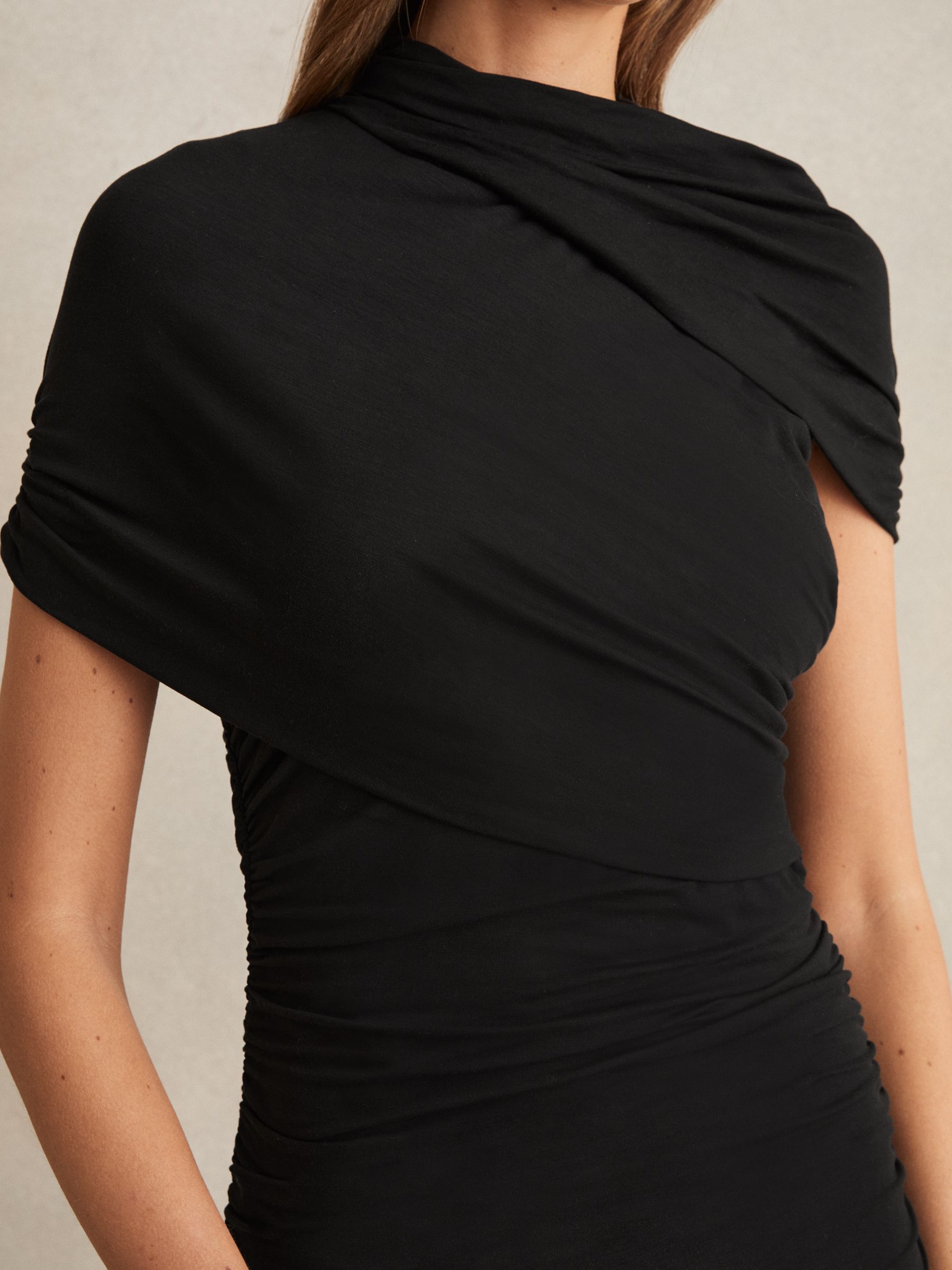 Stretch Lyocell Ruched Midi Dress in Black