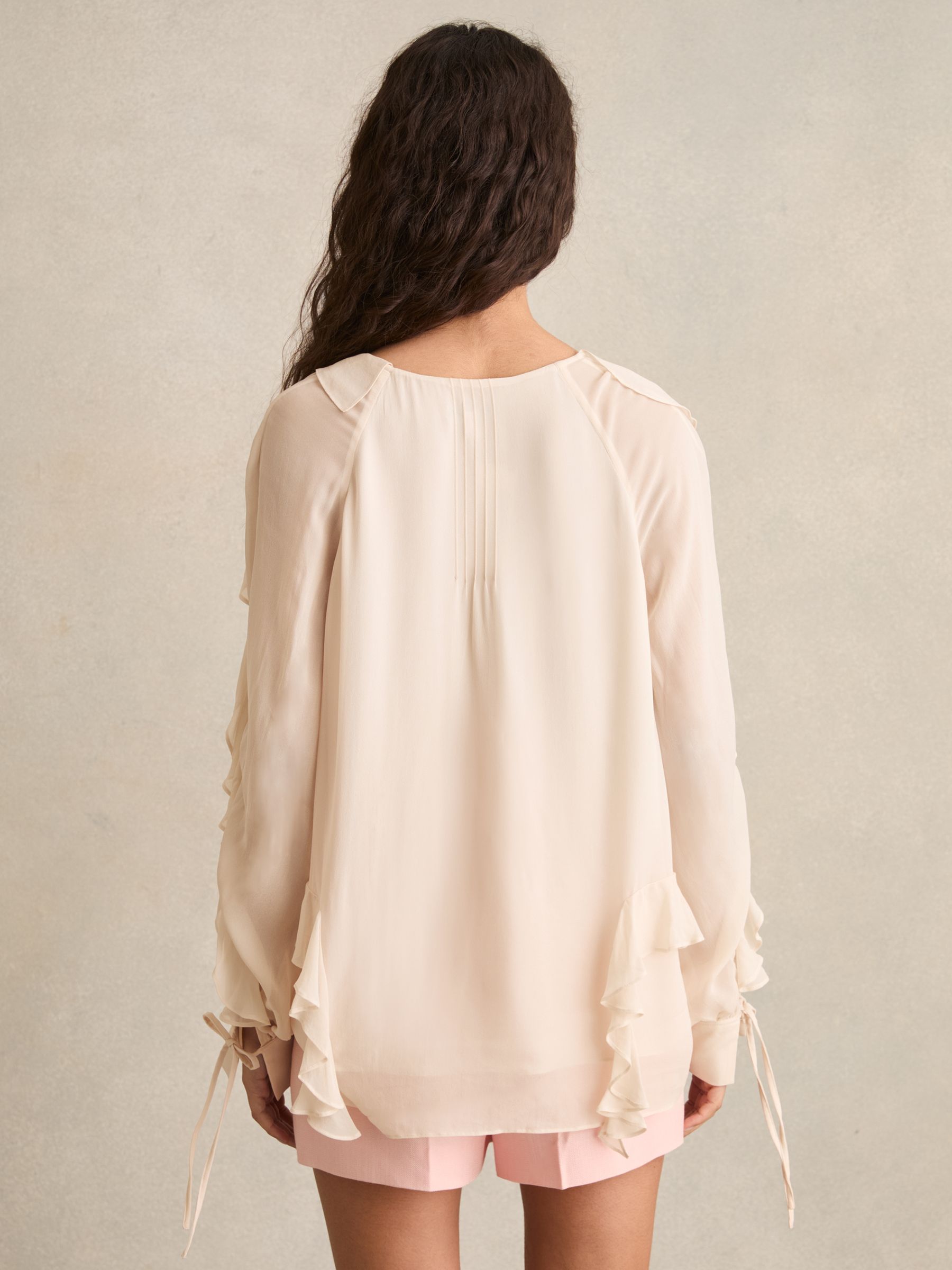 Ruffle Trim Tie Neck Top in Pale Pink