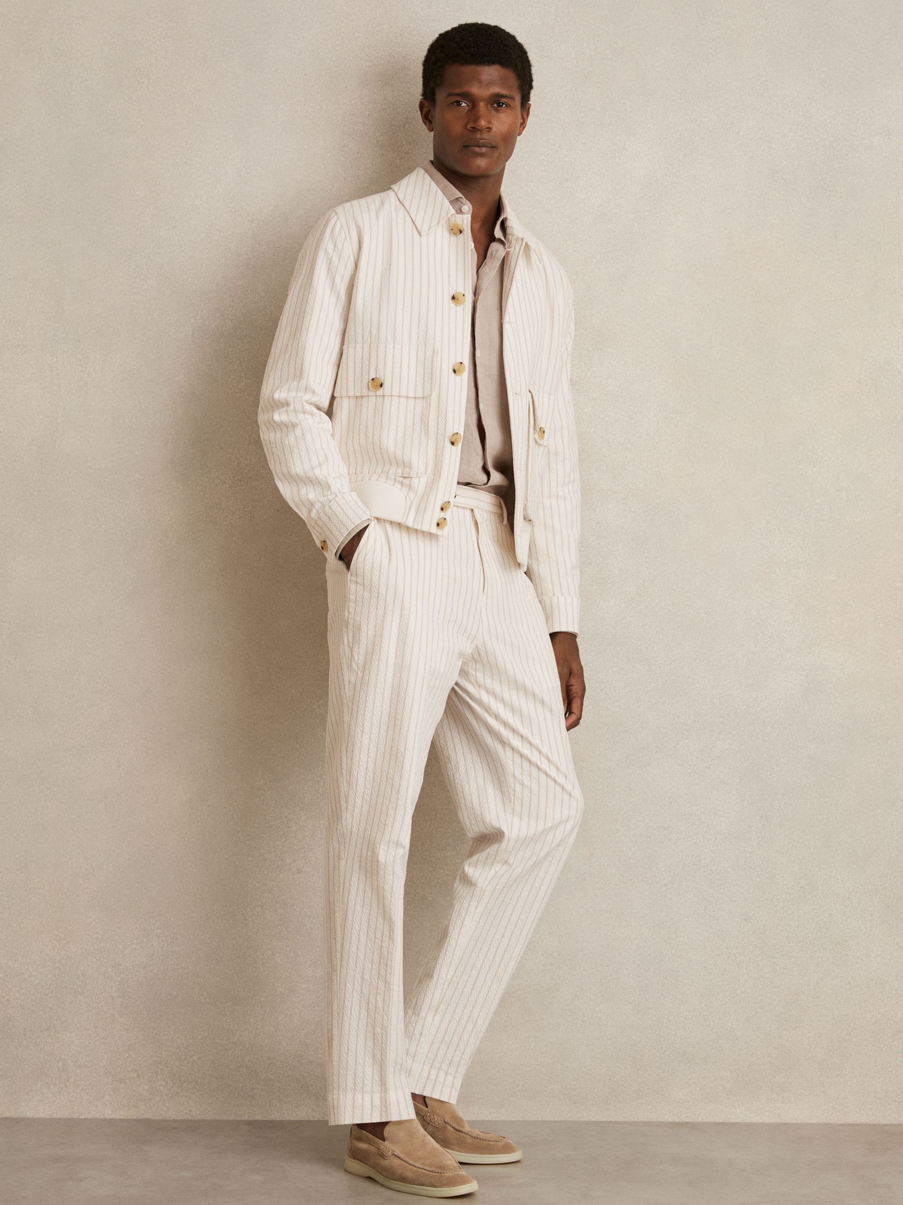 Cotton-Blend Pinstripe Harrington Jacket in Off White/Taupe Brown