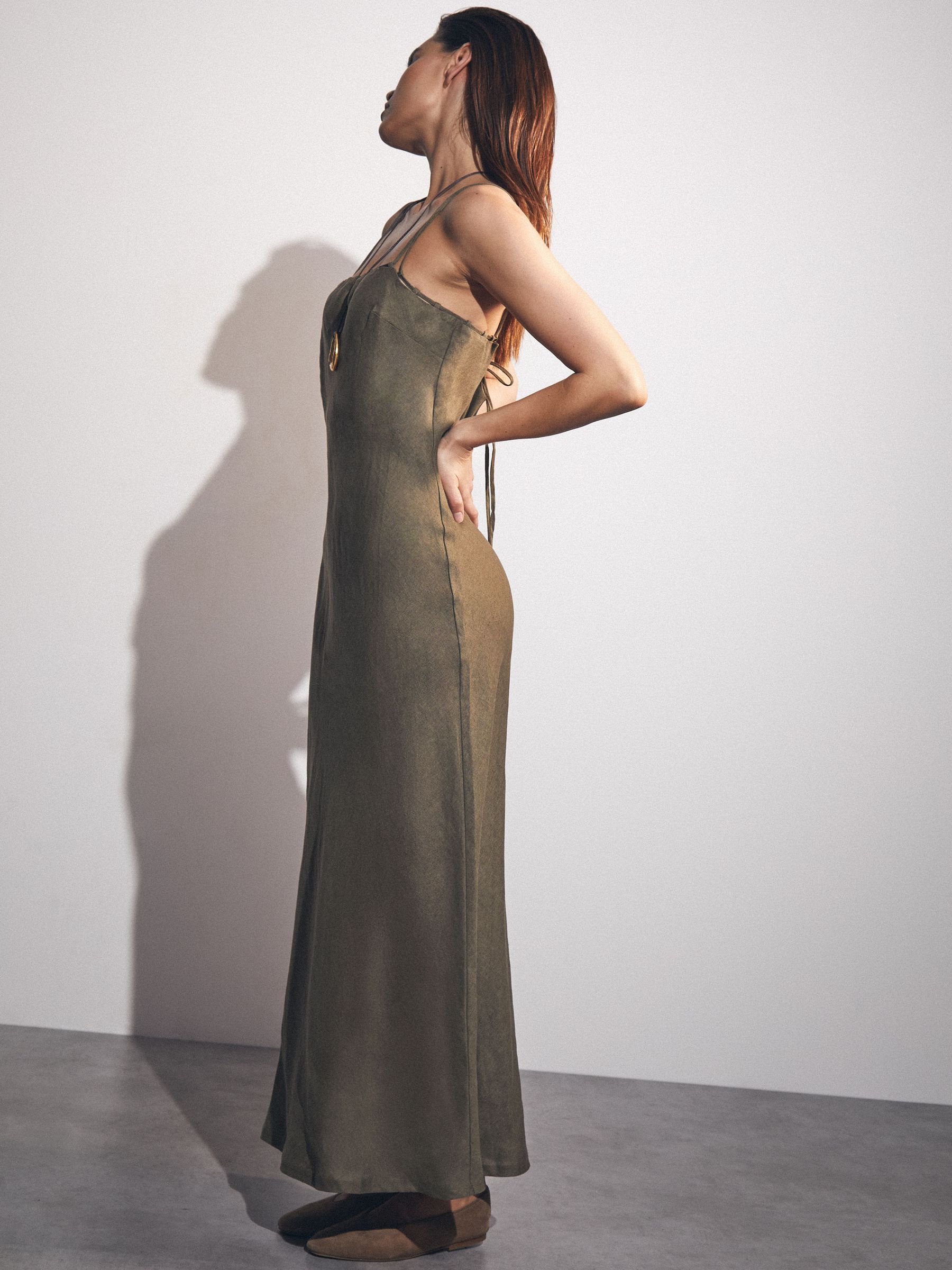 Linen Double-Strap Slip Dress in Khaki
