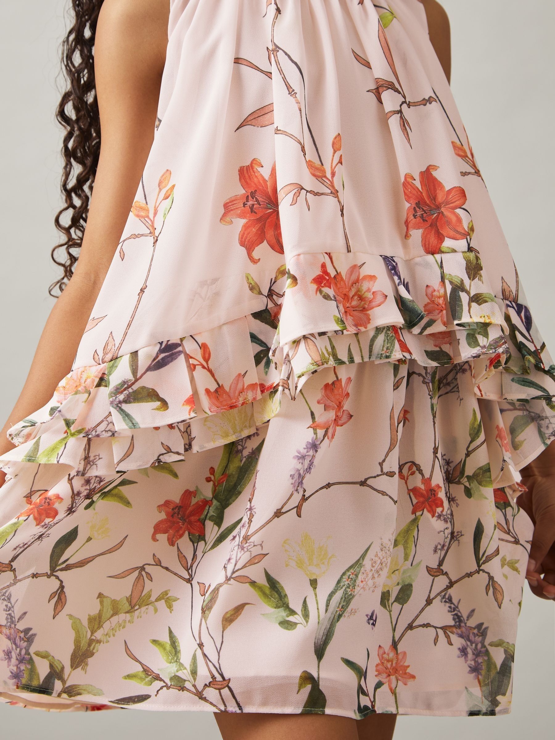 9-13 yrs Chiffon Floral-Print Tiered Dress in Pink Print