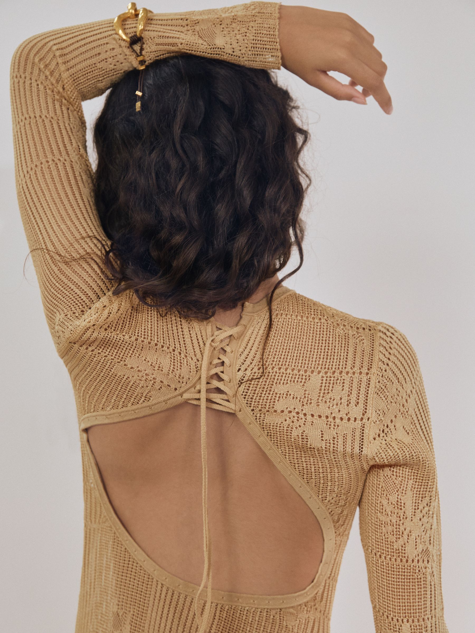 Lace-Knit Ruched Maxi Dress in Gold