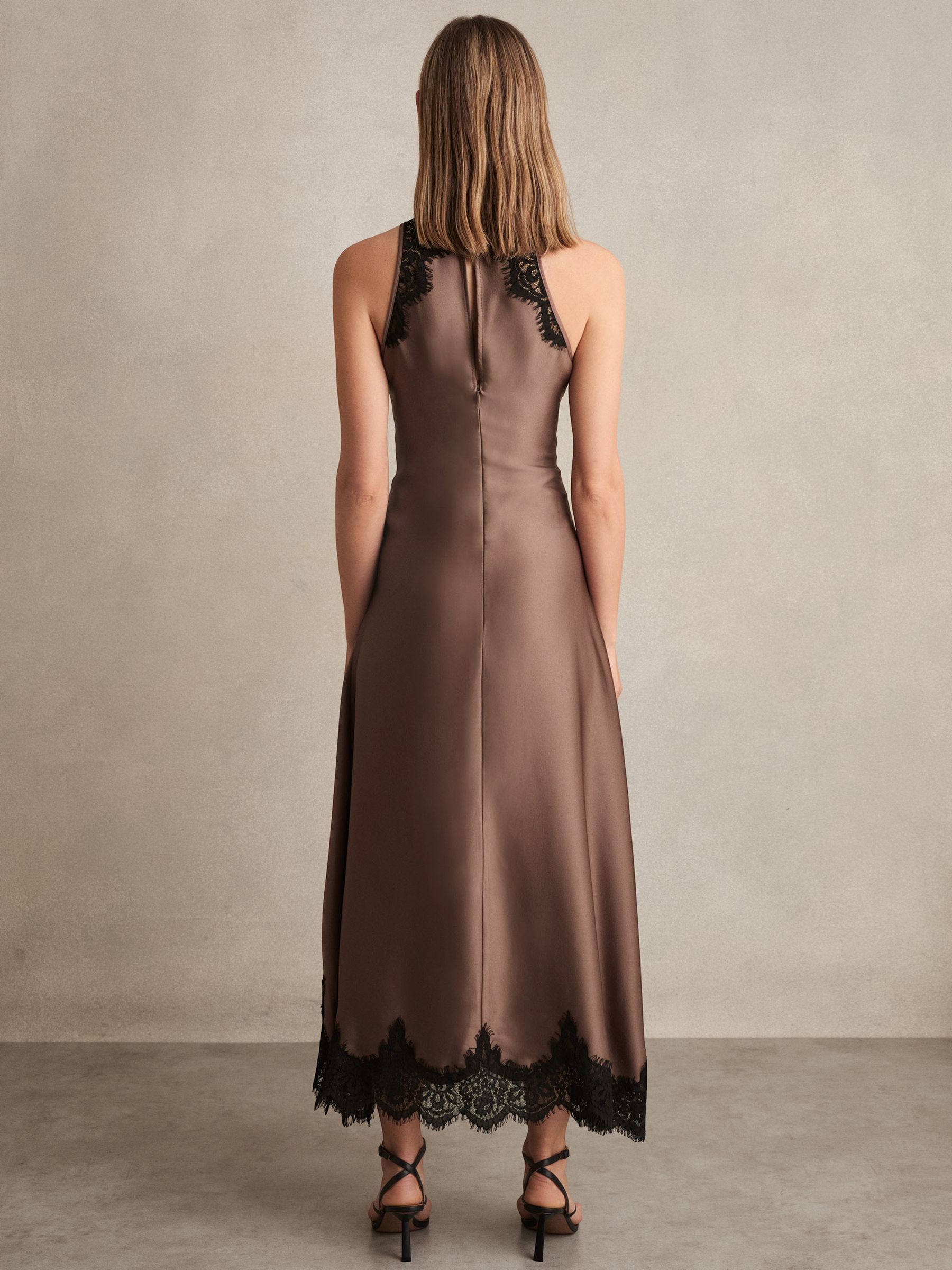 Satin Drape Lace-Trim Dress in Mocha Brown