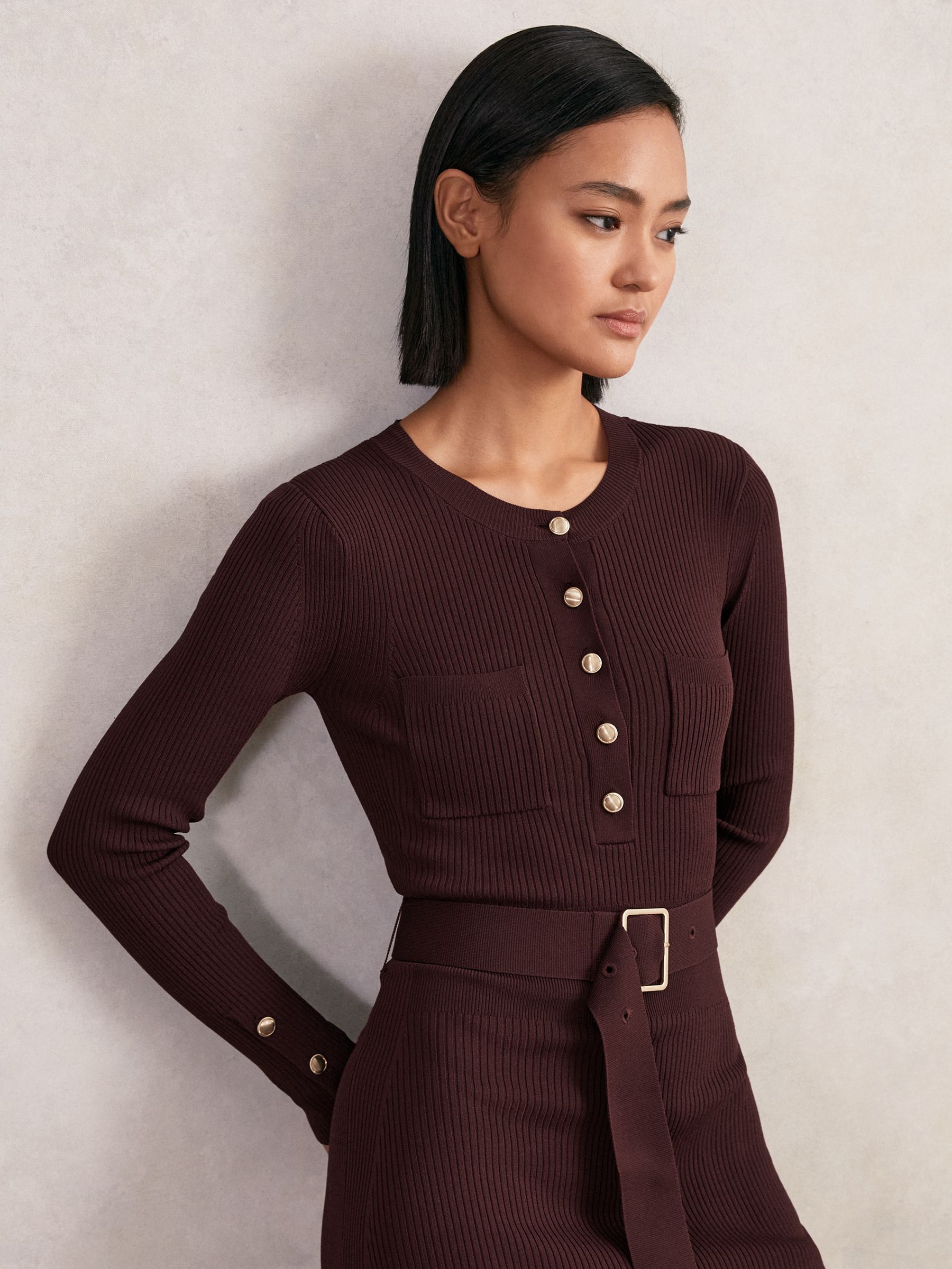 Buttoned Rib-Knit Midi Dress in Burgundy
