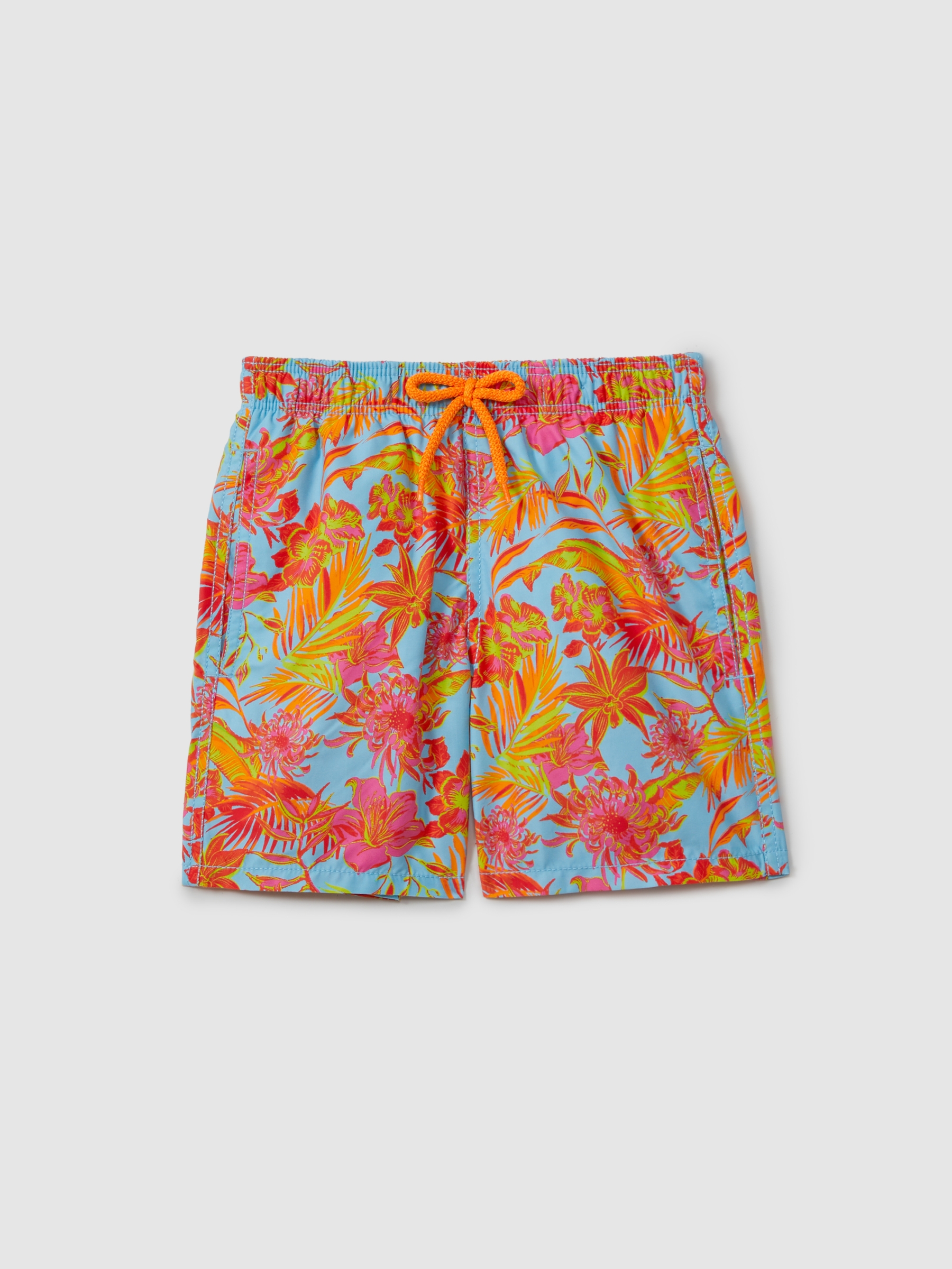 Vilebrequin Tropical Print Drawstring Swim Shorts in Santorin Orange