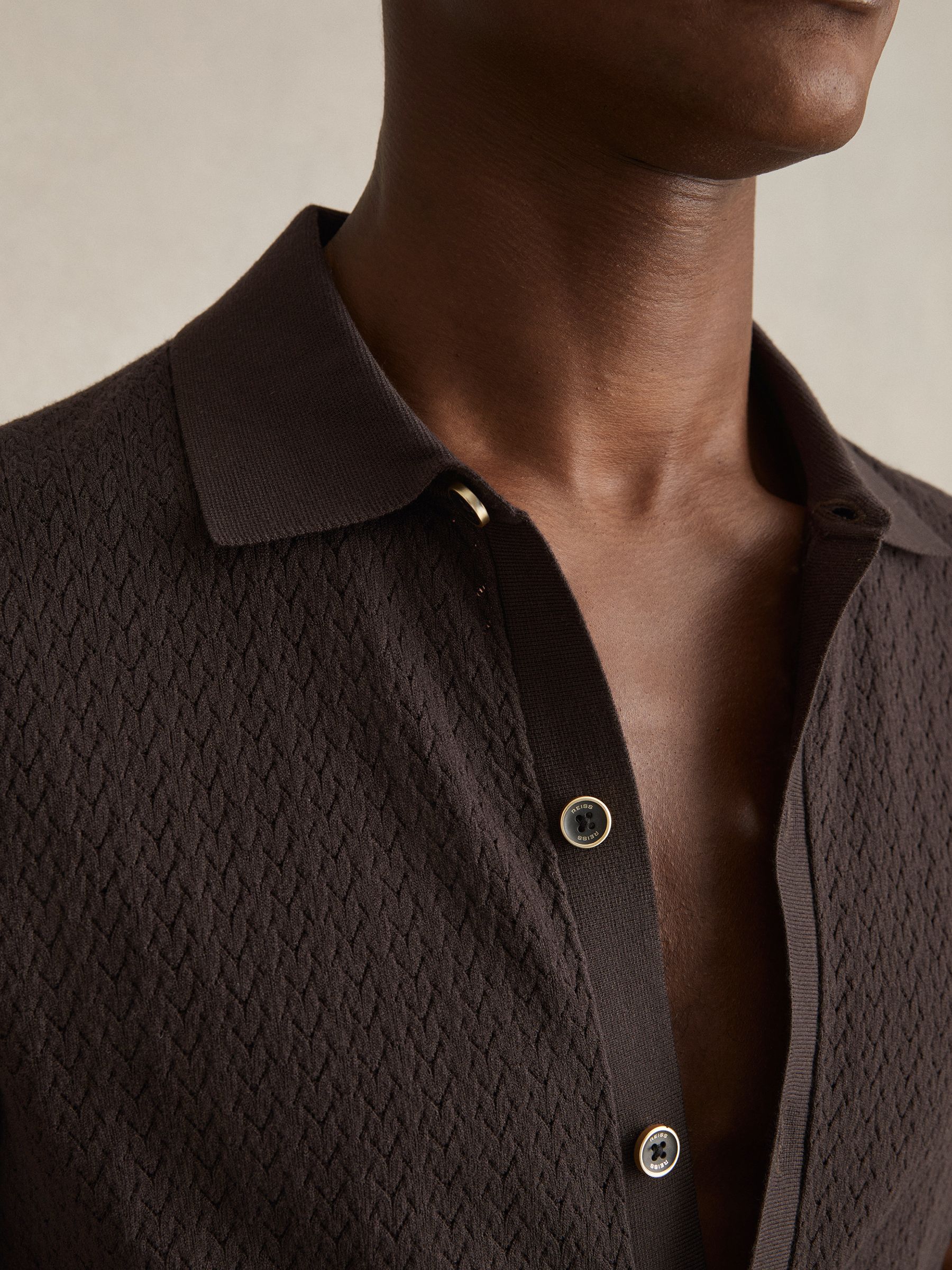 Textured Knit Button-Through Shirt in Chocolate Brown