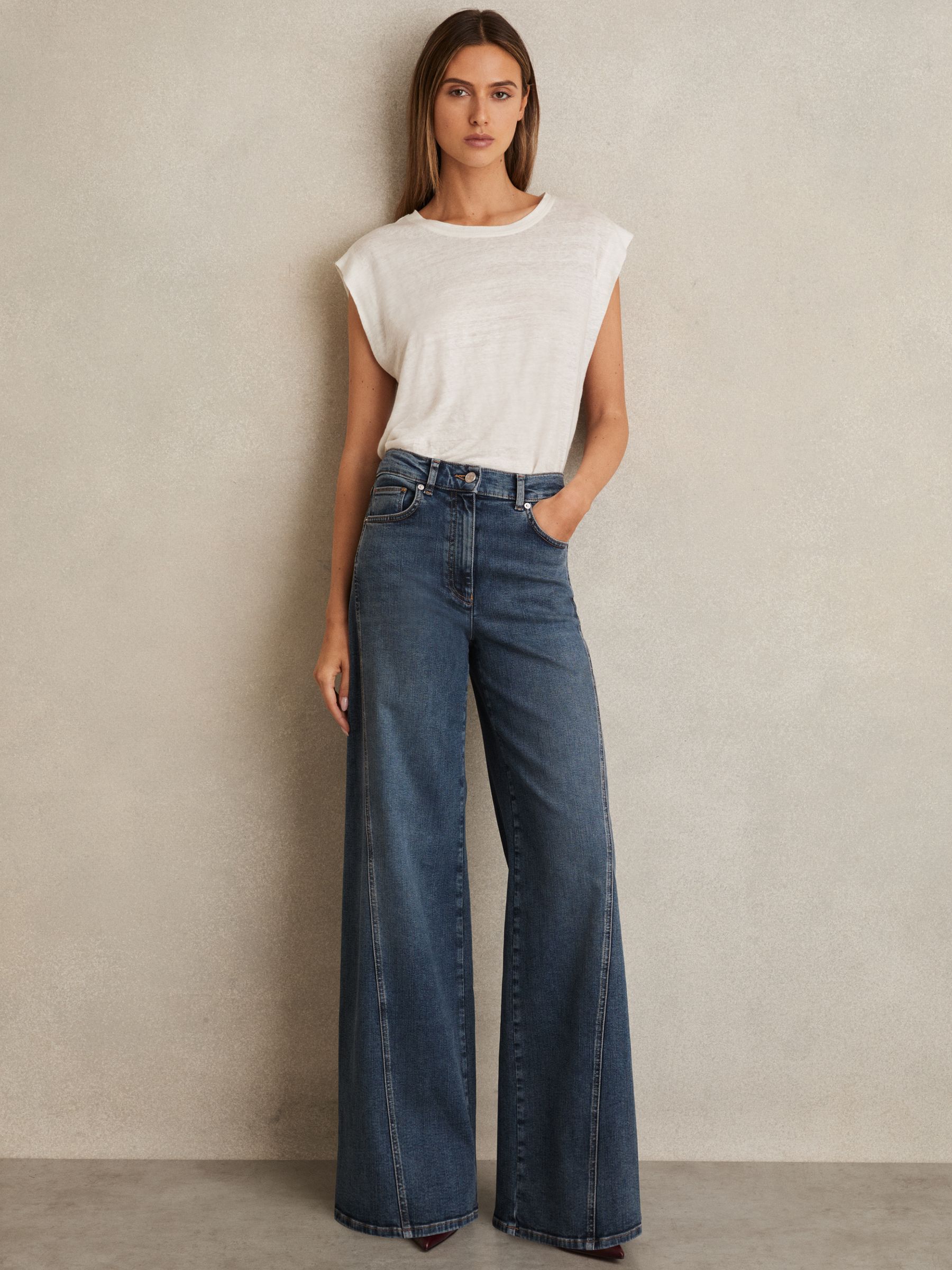 Twist Seam Wide Leg Jeans in Mid Blue