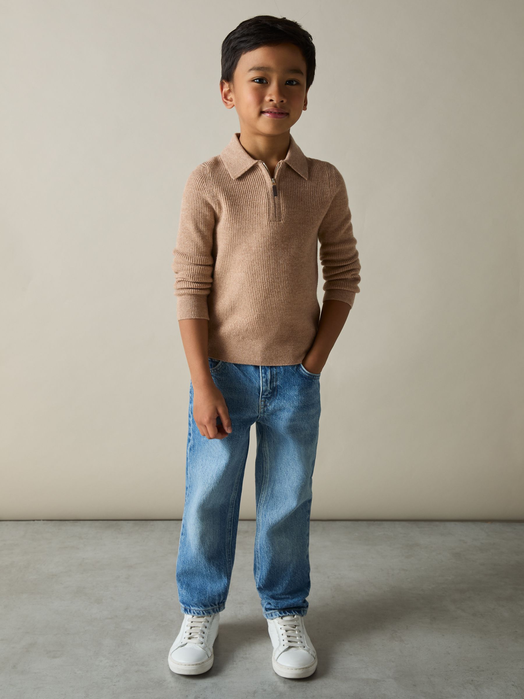 9-13 yrs Merino Wool Quarter Zip Polo Shirt in Soft Camel Brown