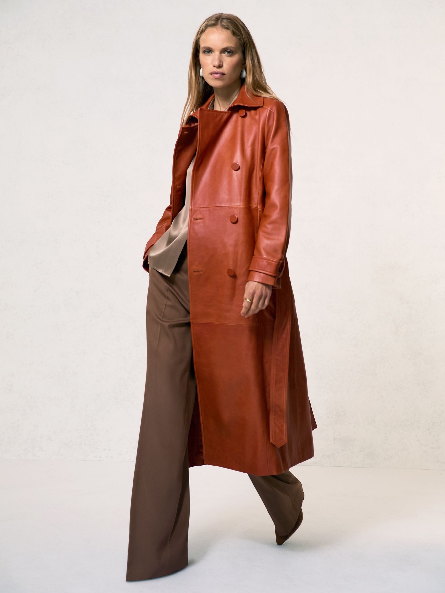 Leather Double-Breasted Trench Coat in Tan
