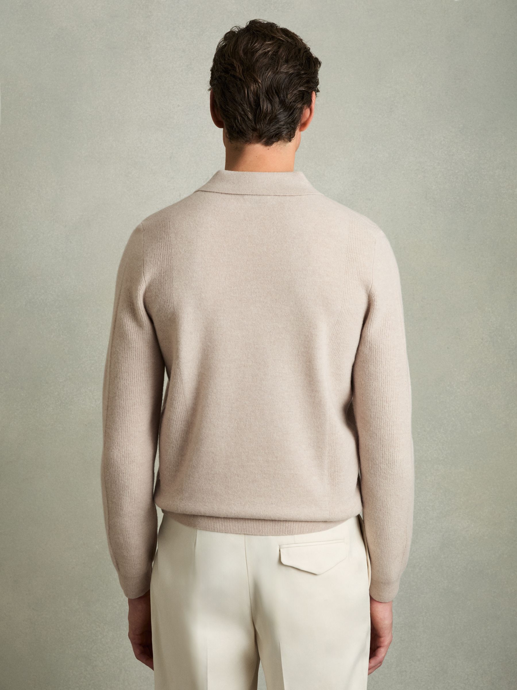Wool Textured Long Sleeve Polo Shirt in Oatmeal