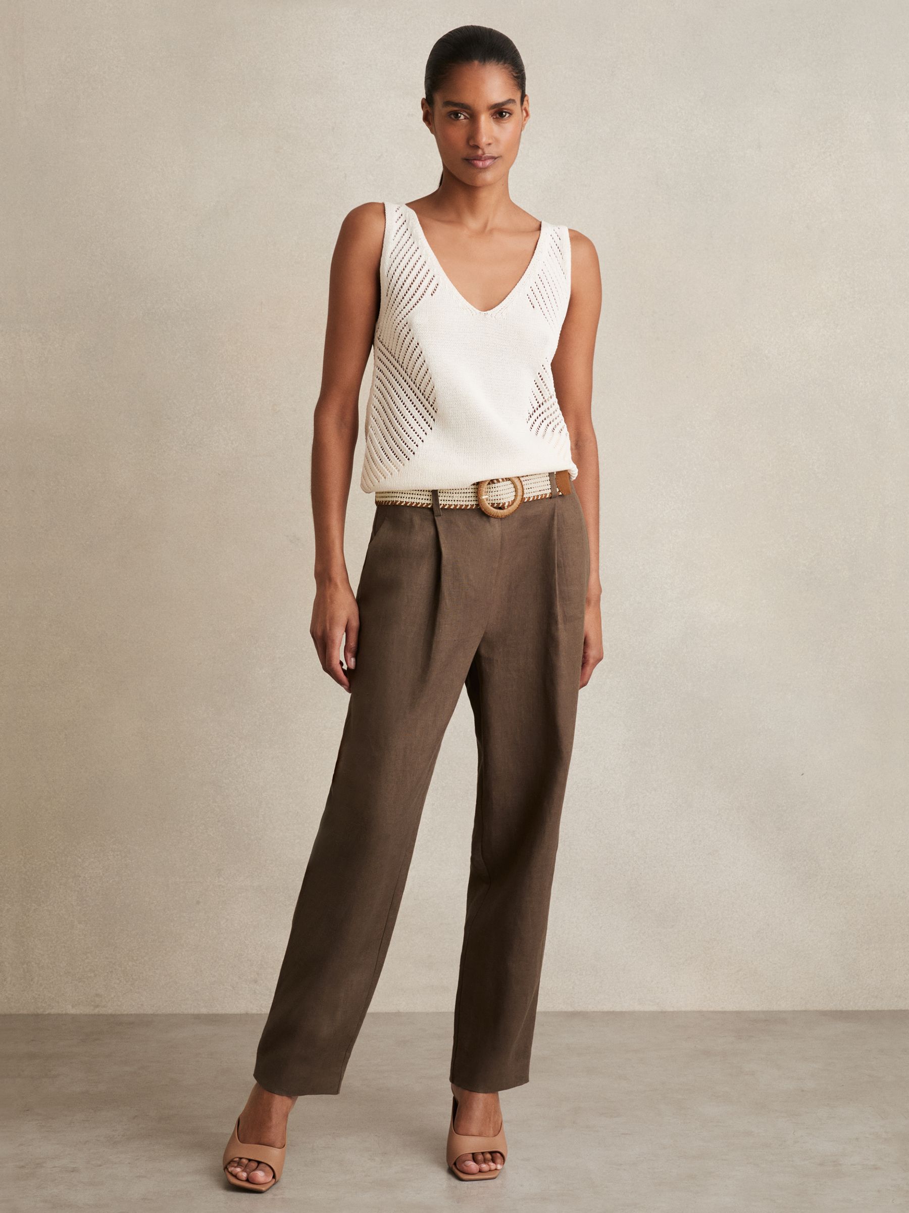 Linen Belted Tapered Trousers in Mink Neutral