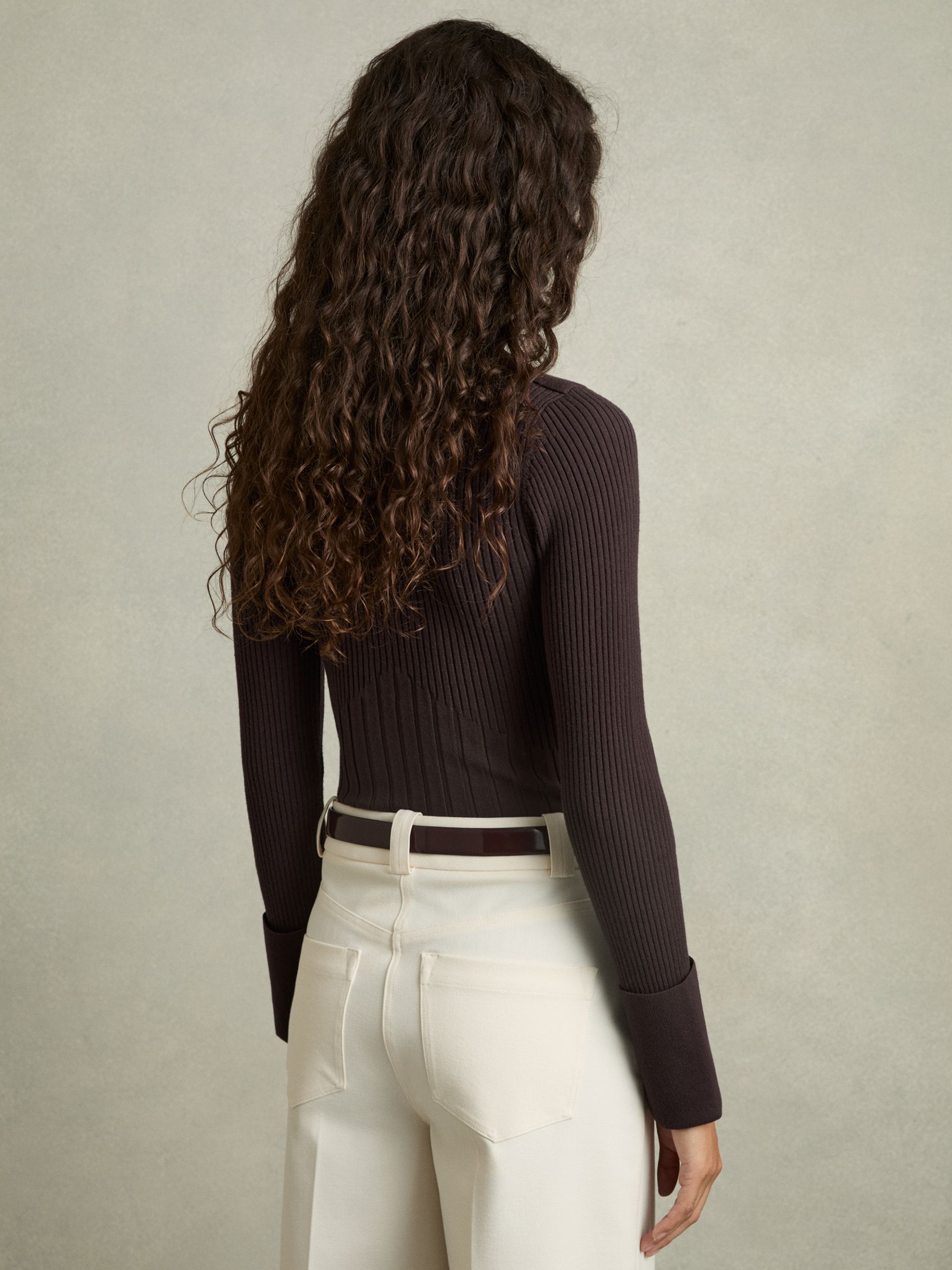 Rib-Knit High-Neck Top in Burgundy