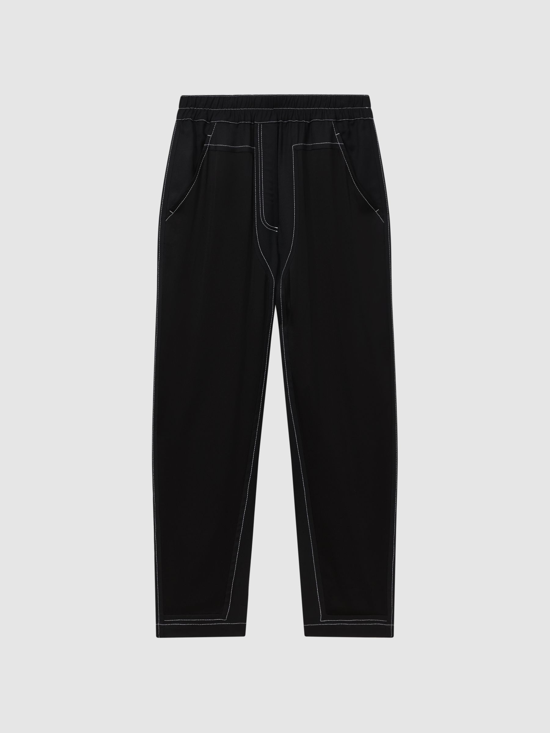 Atelier Italian Relaxed Contrast Stitch Drawstring Trousers in Black