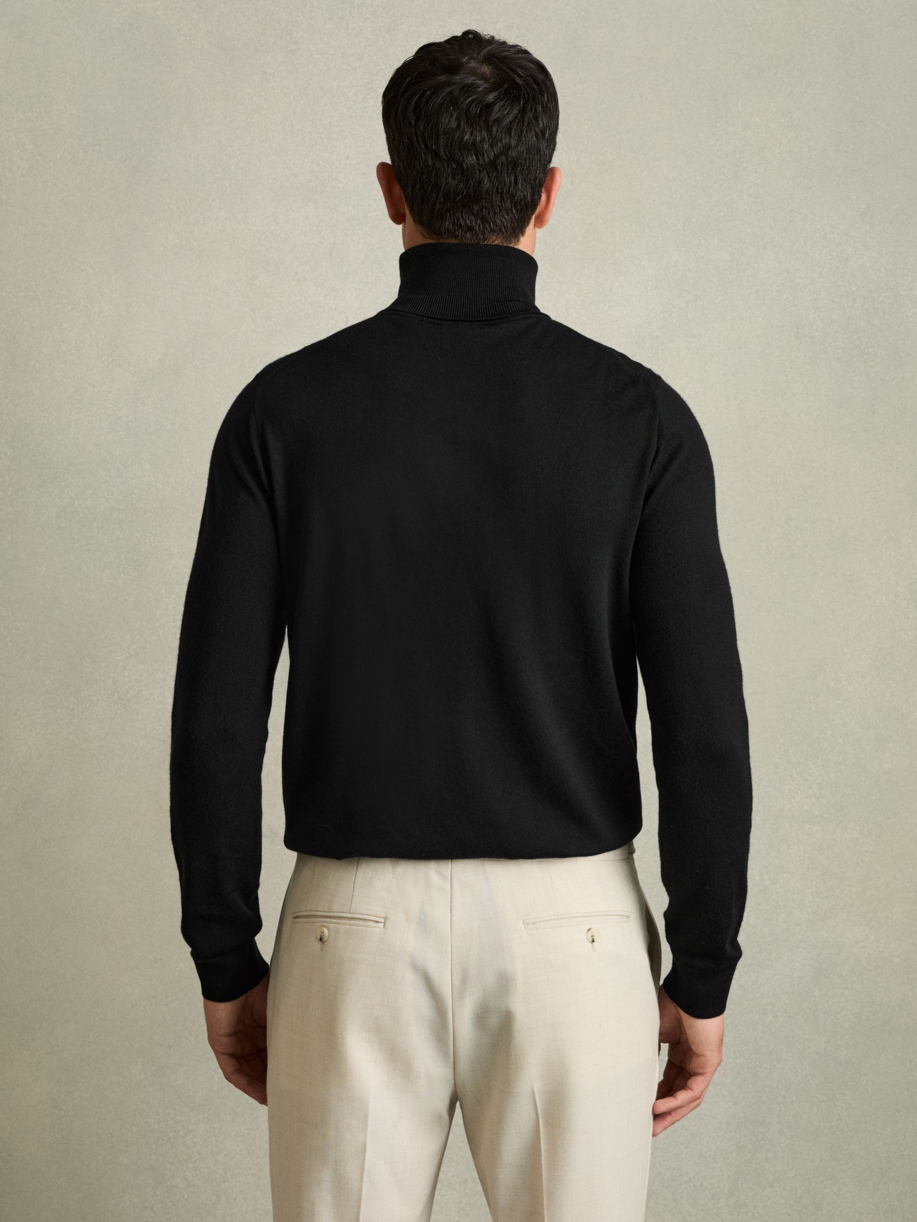 Slim Fit Merino Wool Roll Neck Jumper in Black