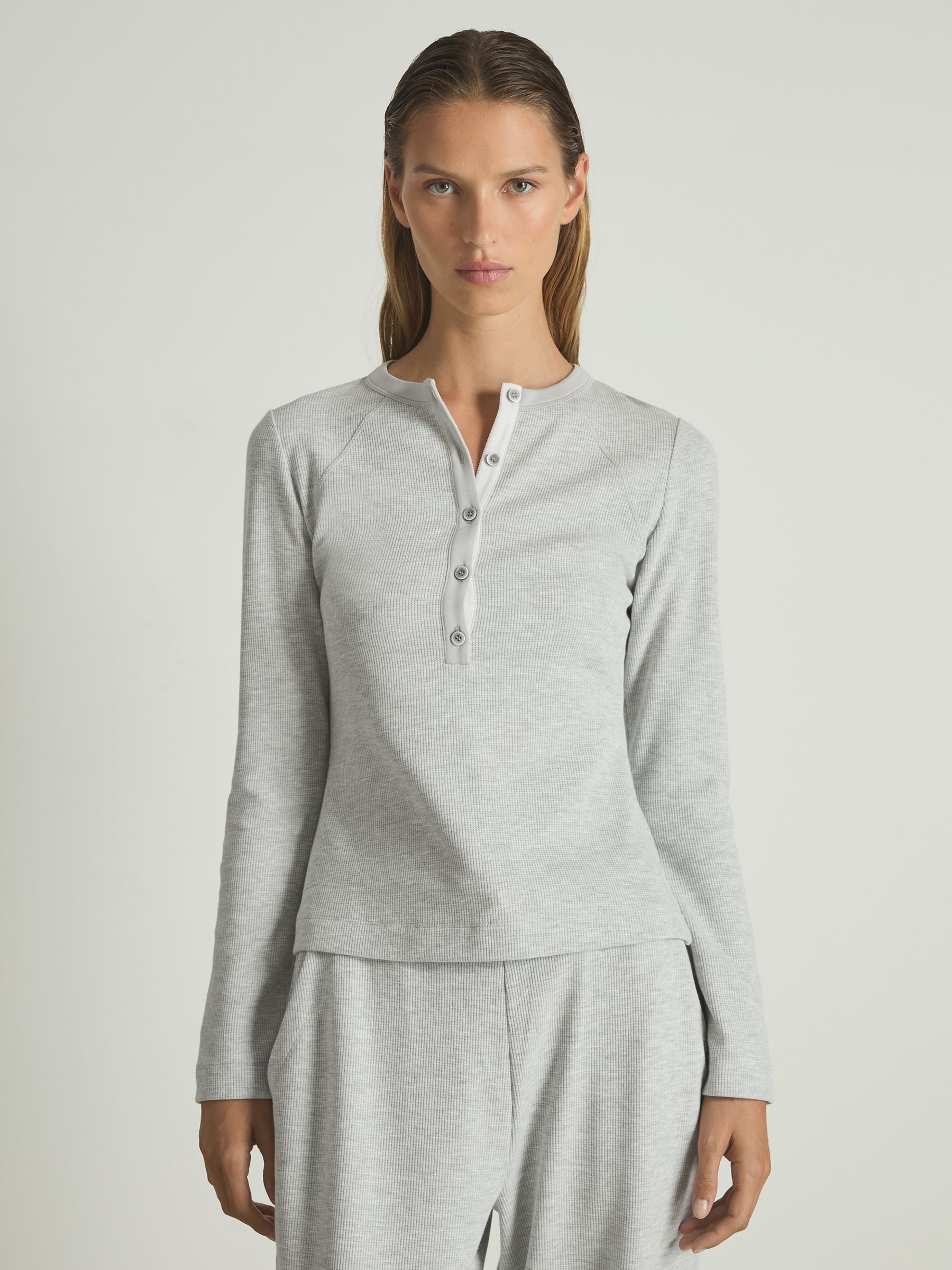 Waffle Jersey Henley Top with Cotton in Grey Marl